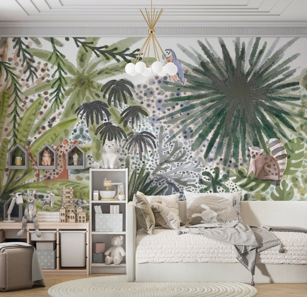 Peel & Stick Kids Wall Mural - Tropical Landscape With Animals 38"Wx27"H