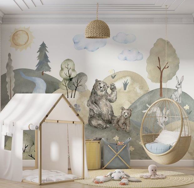 Peel & Stick Kids Wall Mural - Valley With Animals 38"Wx27"H