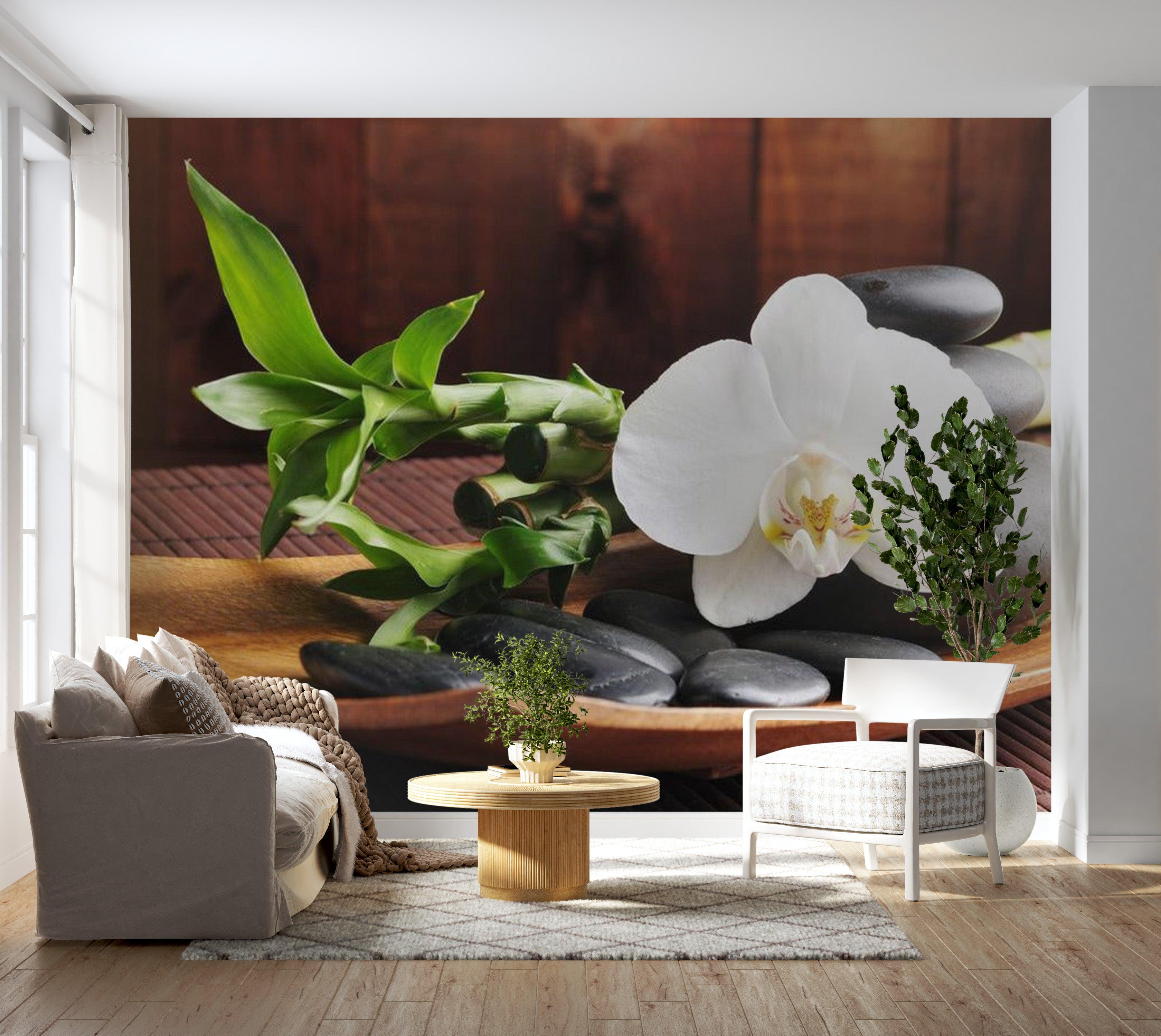 Zen Wallpaper Wall Mural - Bamboo, Black Stones & Orchid