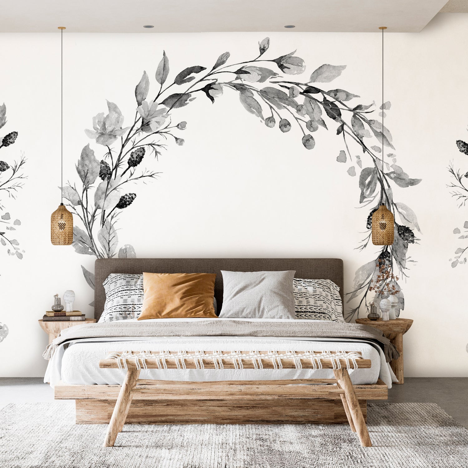 Floral Wallpaper Wall Mural - Romantic Wreath Grey
