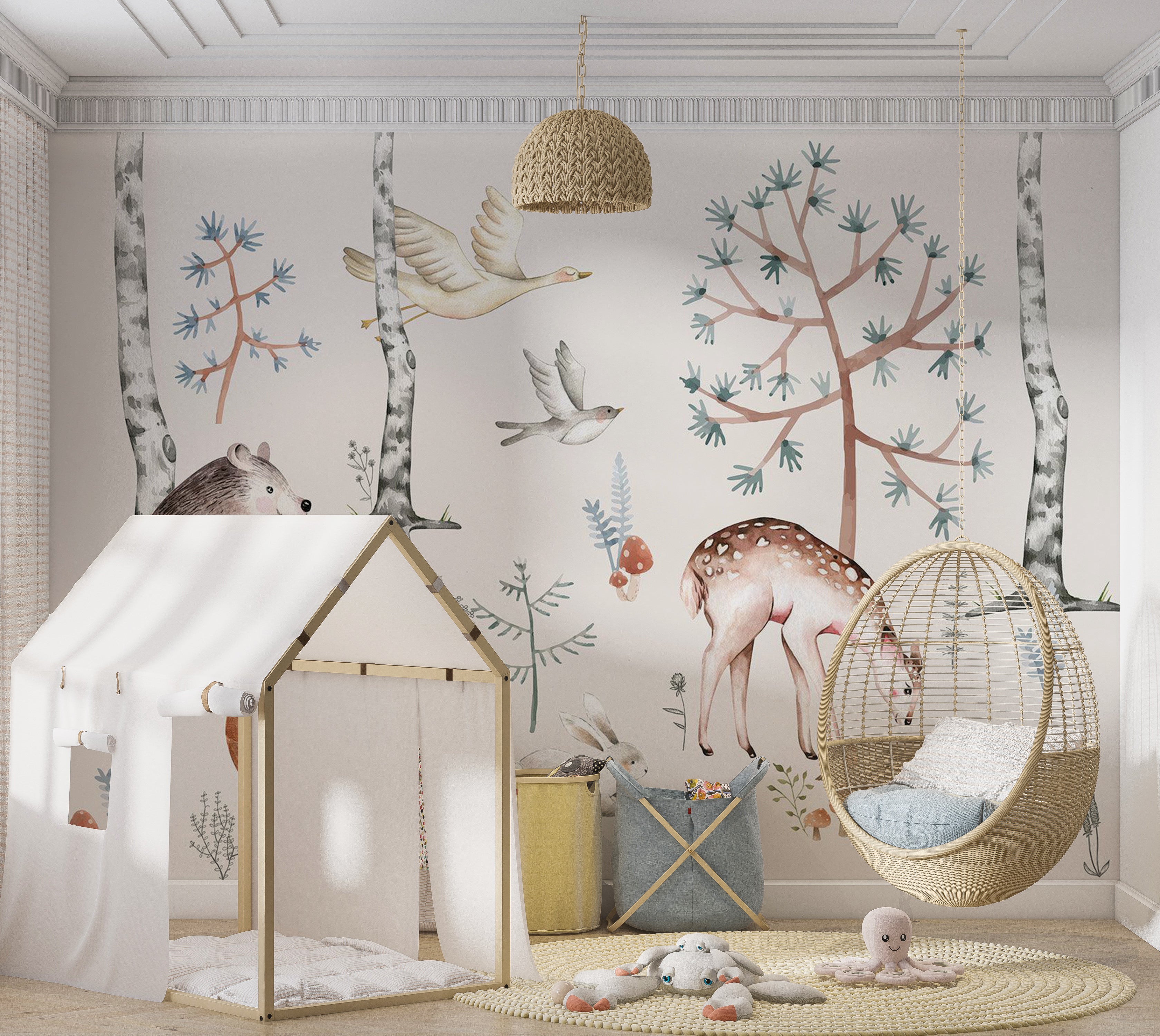Peel & Stick Kids Wall Mural - Watercolor Forest With Animals 38"Wx27"H