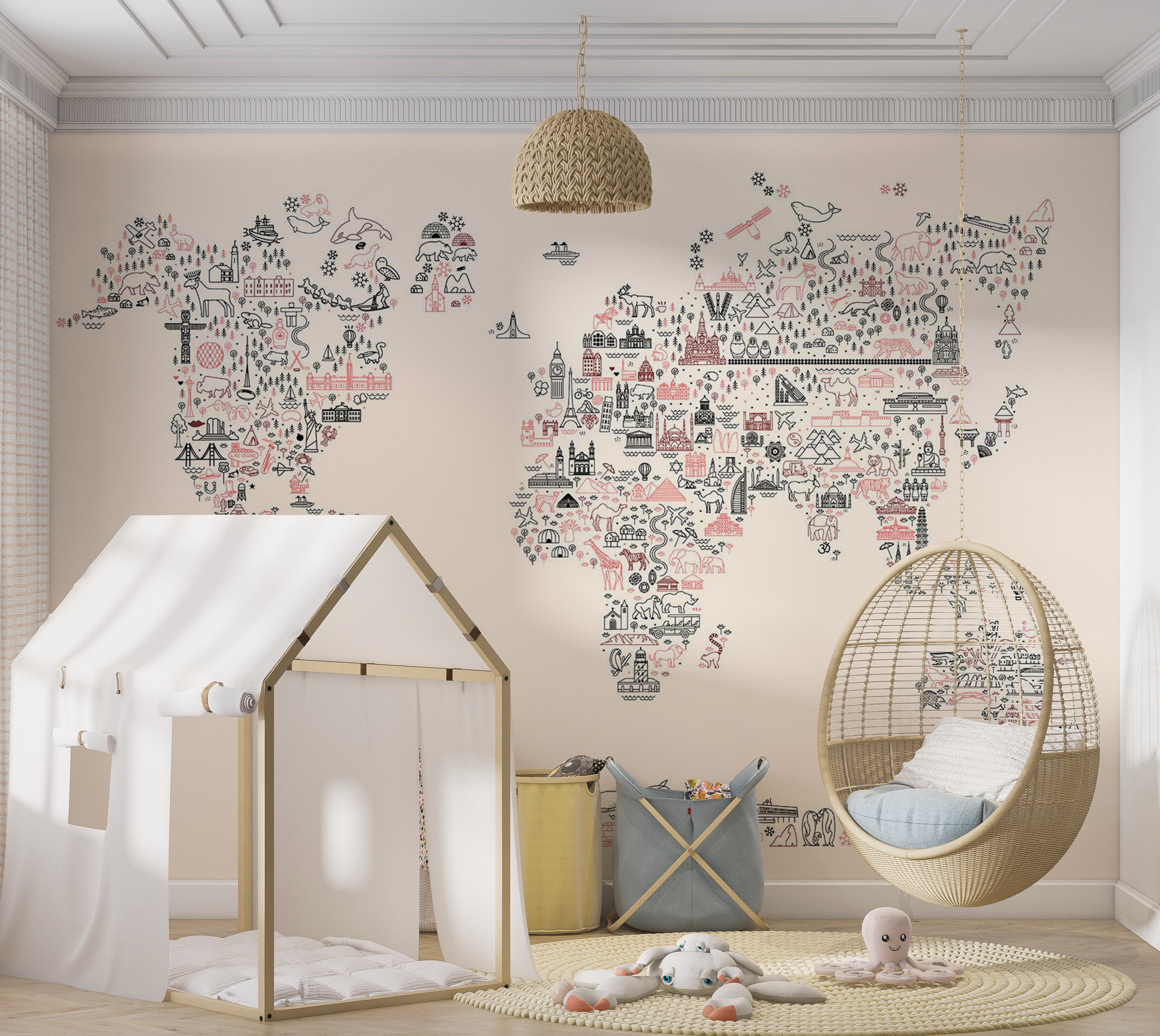 Peel & Stick Kids Wall Mural - Worlf Map With Icons 38"Wx27"H