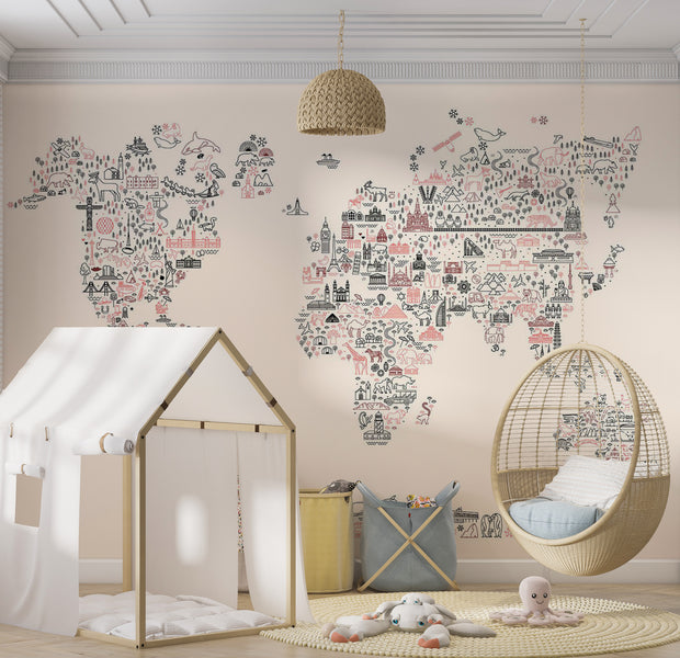 Peel & Stick Kids Wall Mural - Worlf Map With Icons 38"Wx27"H