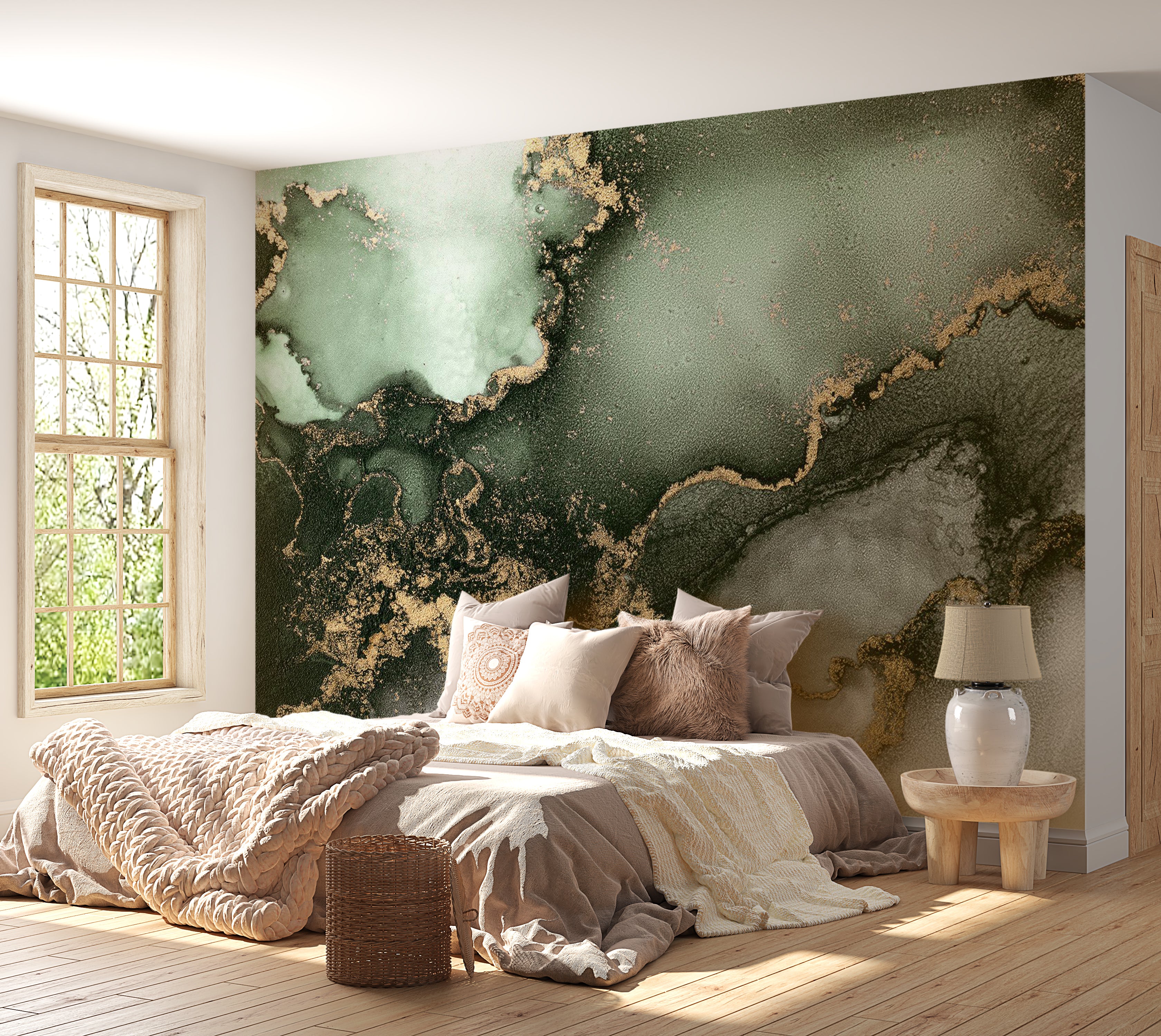 Surface Texture Wallpaper Wall Mural - Green Gold Watercolor Inspiration 39"Wx27"H / Standard