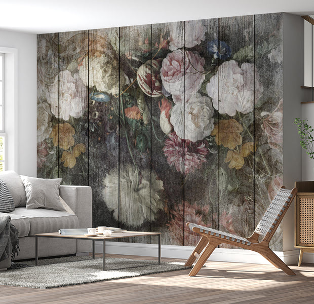 Floral Wallpaper Wall Mural - Vintage Flowers on Wood 39"Wx27"H / Standard