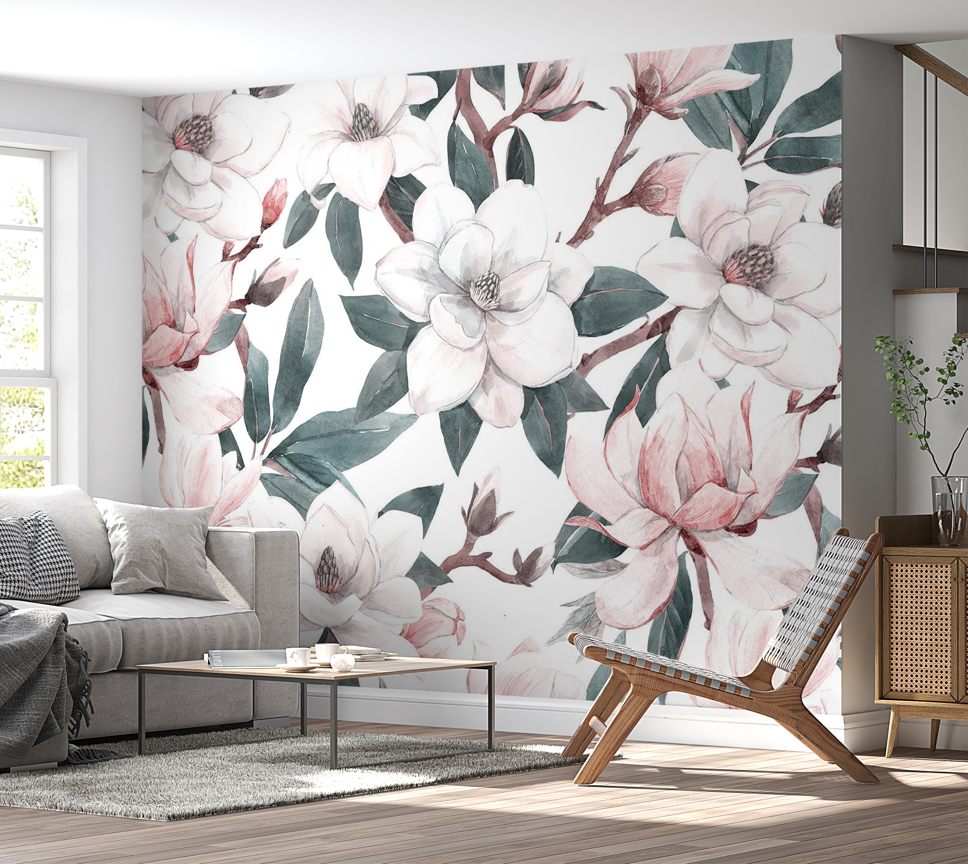 Floral Wallpaper Wall Mural - Watercolor Magnolias 39"Wx27"H / Standard