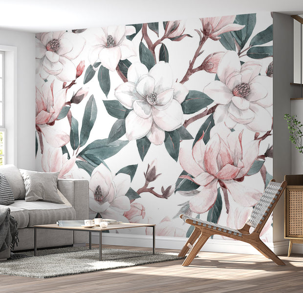 Floral Wallpaper Wall Mural - Watercolor Magnolias 39"Wx27"H / Standard