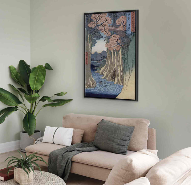 Floating Framed Canvas Art - Monkey Bridge in Kai Province - Utagawa Hiroshige