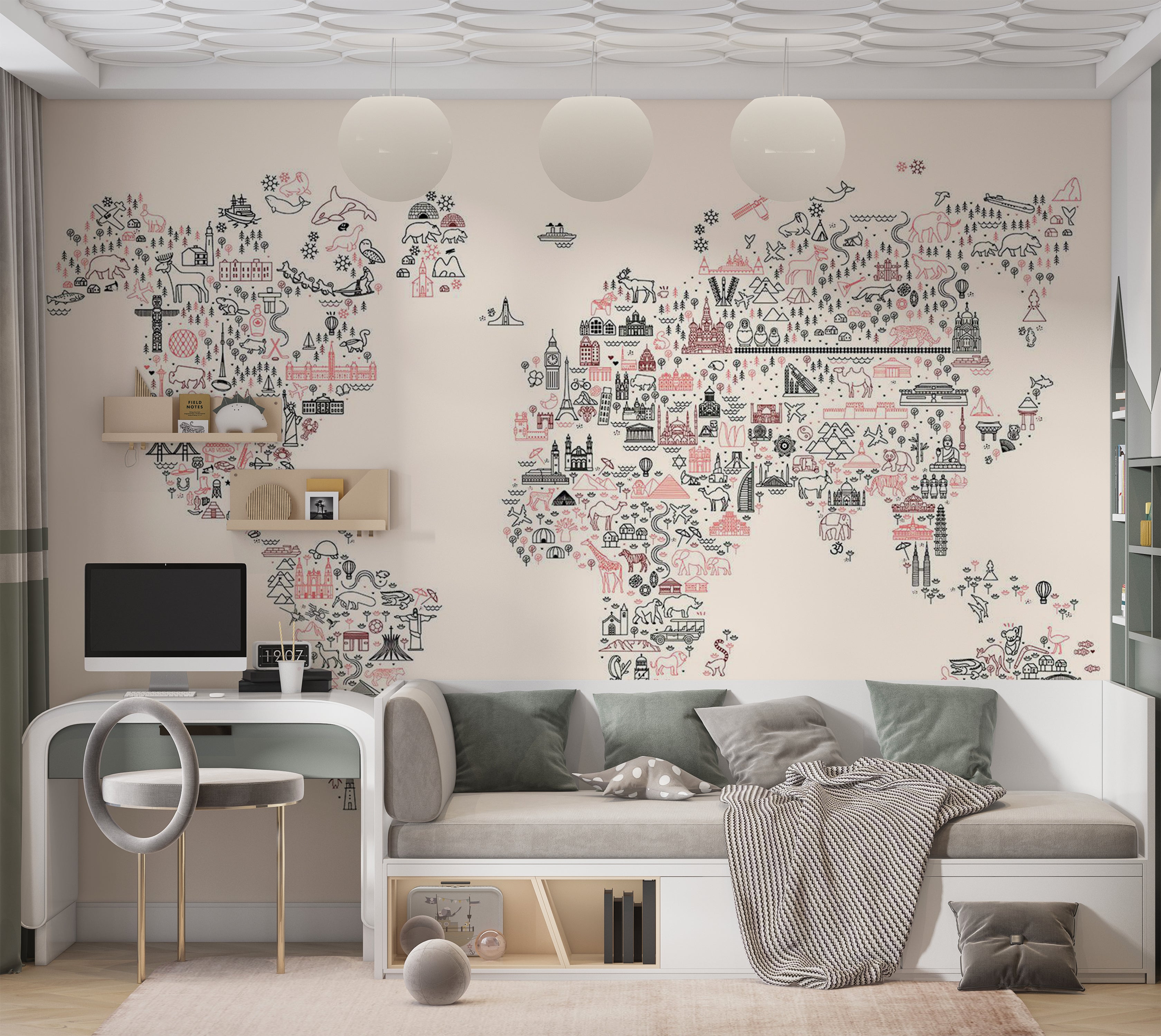 Kids Wallpaper Wall Mural - Worlf Map With Icons 39"Wx27"H / Standard