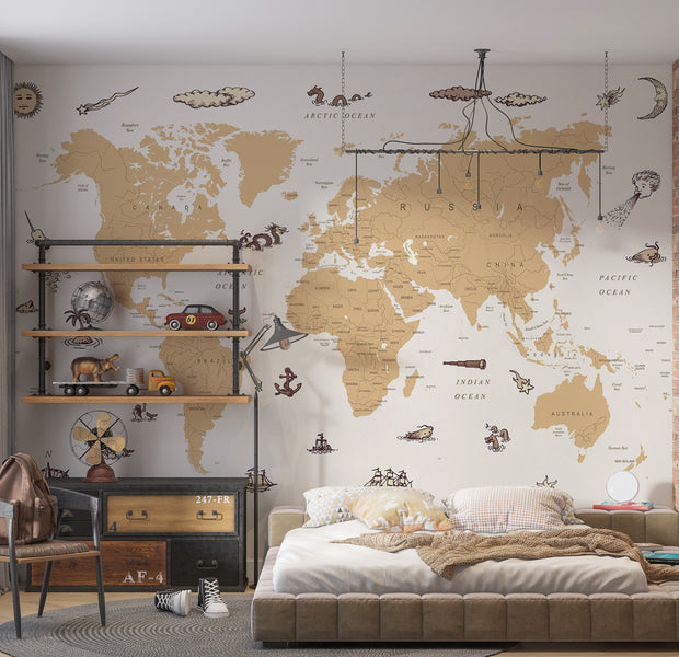Peel & Stick Kids Wall Mural - Countries With Pirate Illustrations 38"Wx27"H