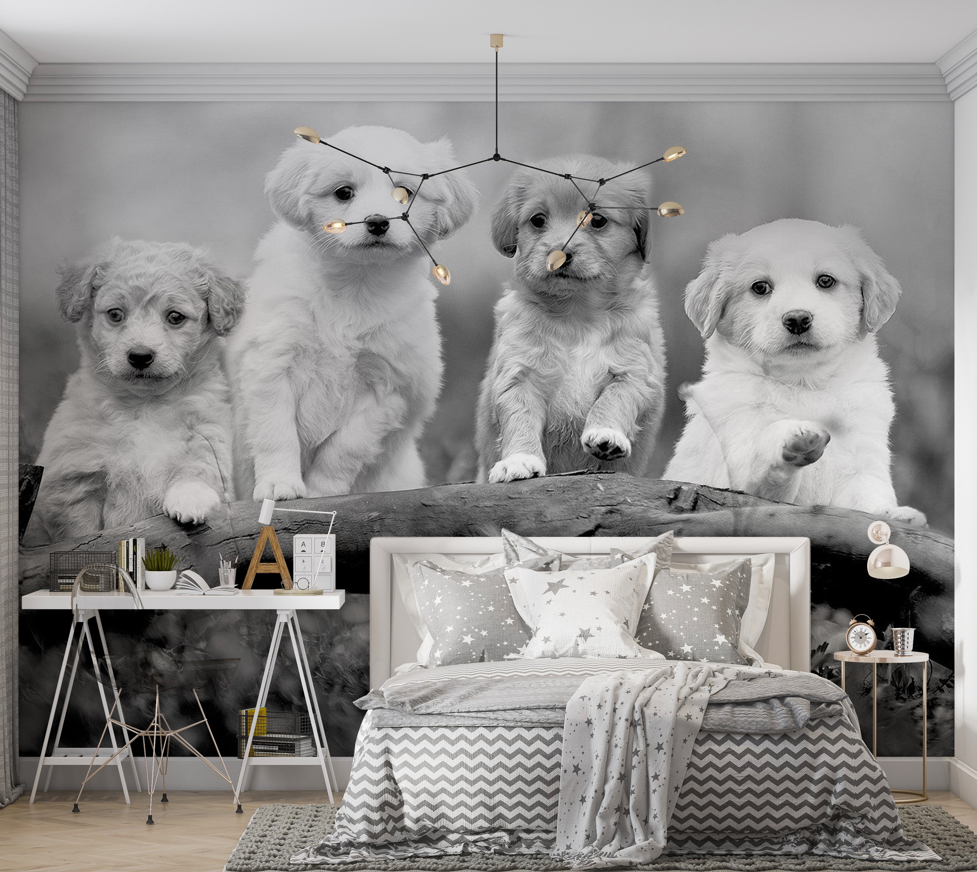 Animal Wallpaper Wall Mural - Four Puppies 39"Wx27"H / Standard