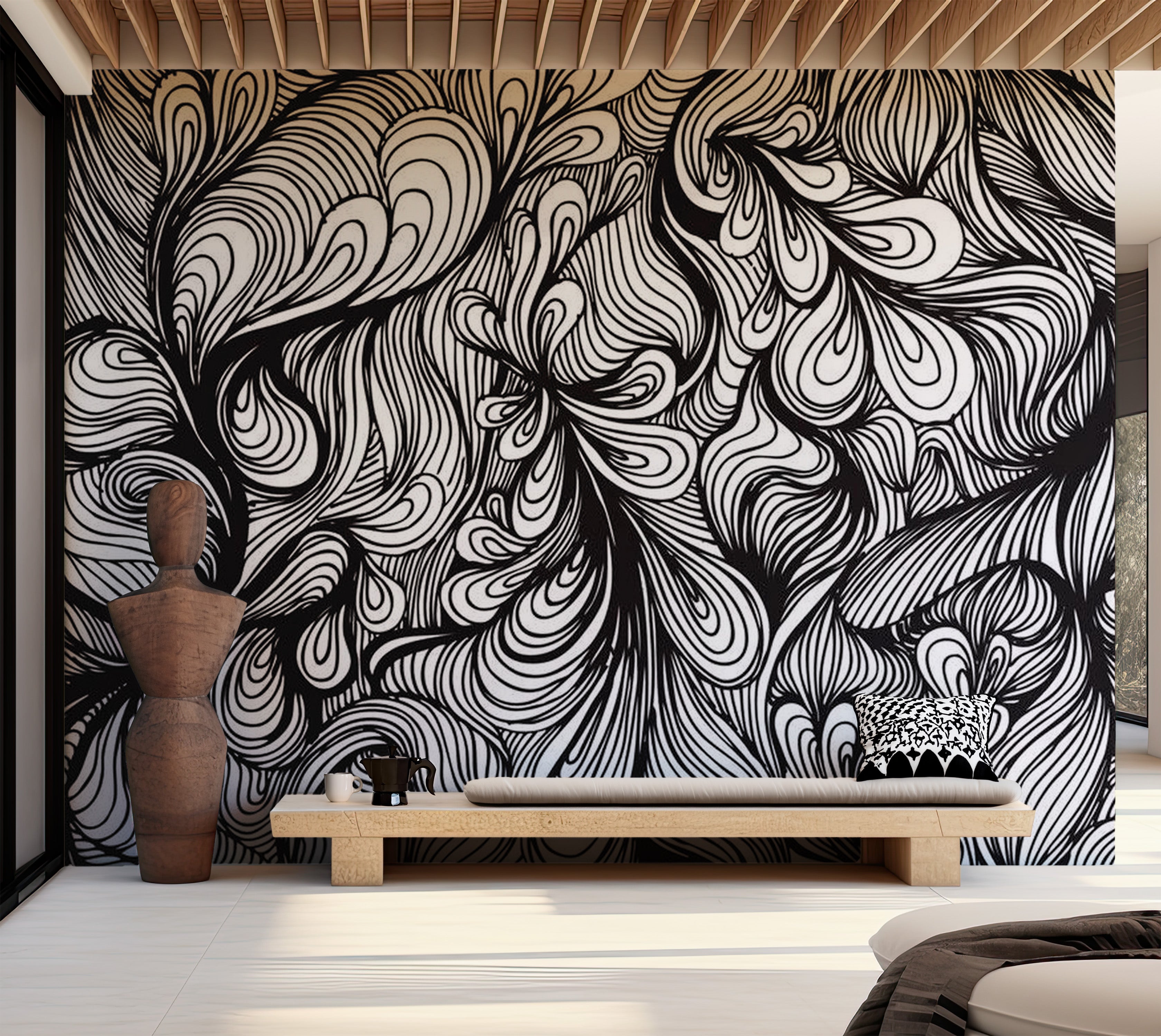 Abstract Wallpaper Wall Mural - Black And White Retro Style 118"Wx90"H