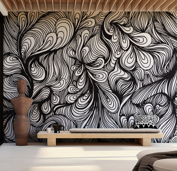 Abstract Wallpaper Wall Mural - Black And White Retro Style 118"Wx90"H