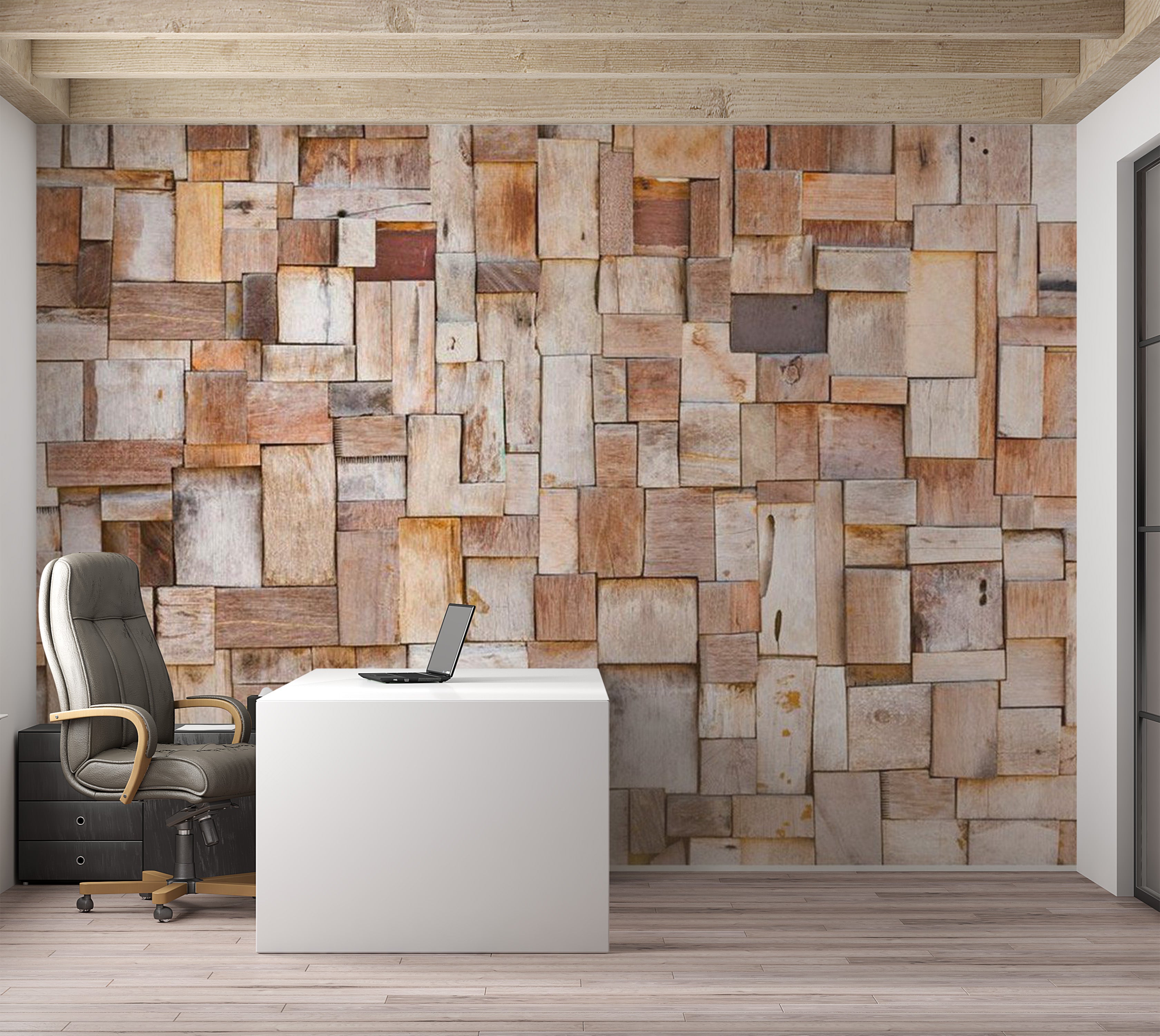 Background & Patterns Wallpaper Wall Mural - Wooden Bloks Mosaic 39"Wx27"H