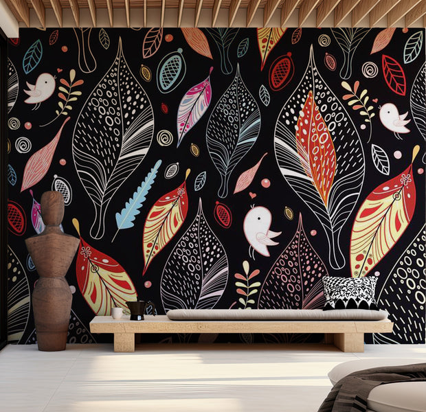 Abstract Wallpaper Wall Mural - Autumn Leaves On Black Background 118"Wx90"H