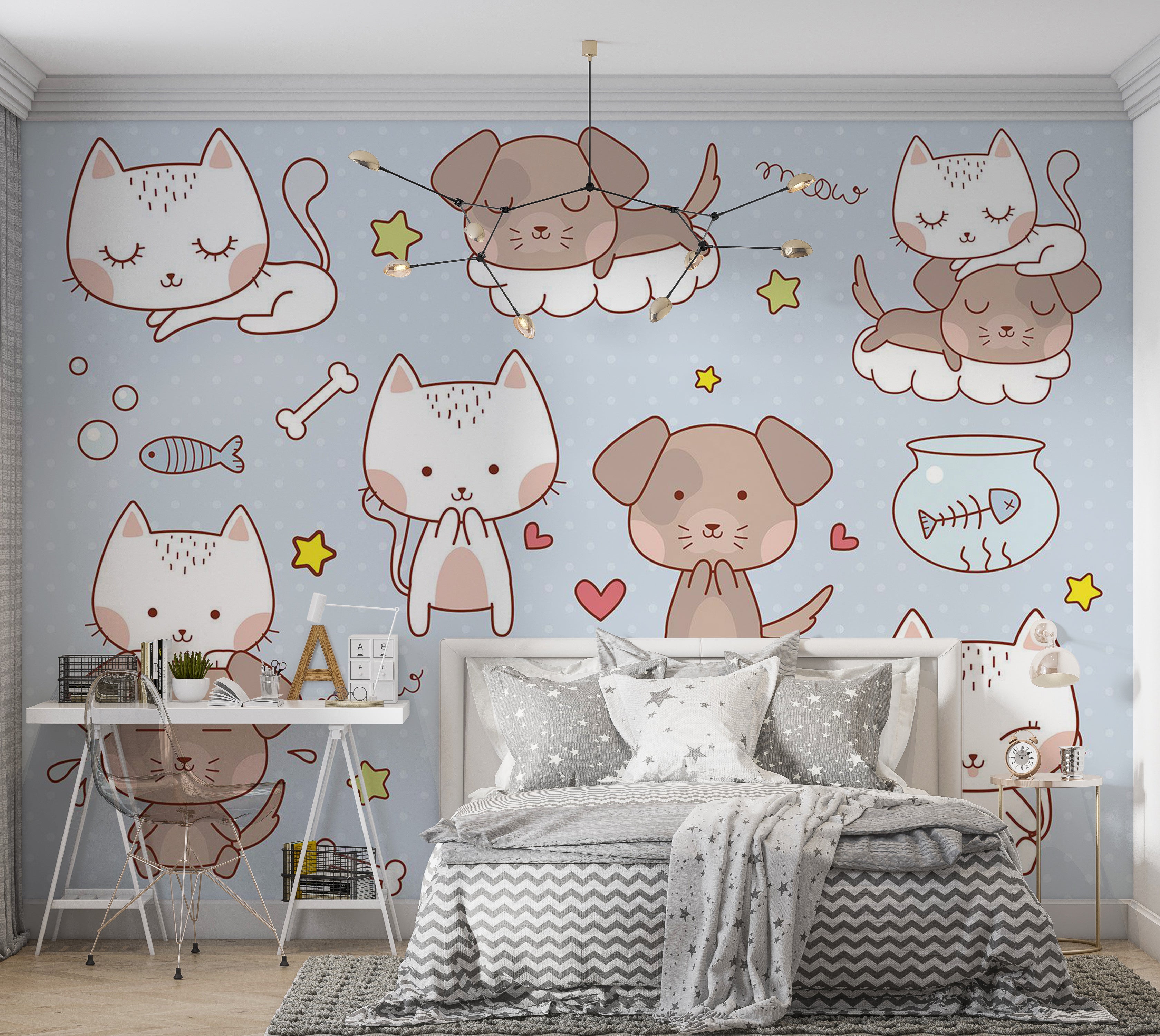 Kids Wallpaper Wall Mural - Cartoon Cats and Dogs 39"Wx27"H / Standard