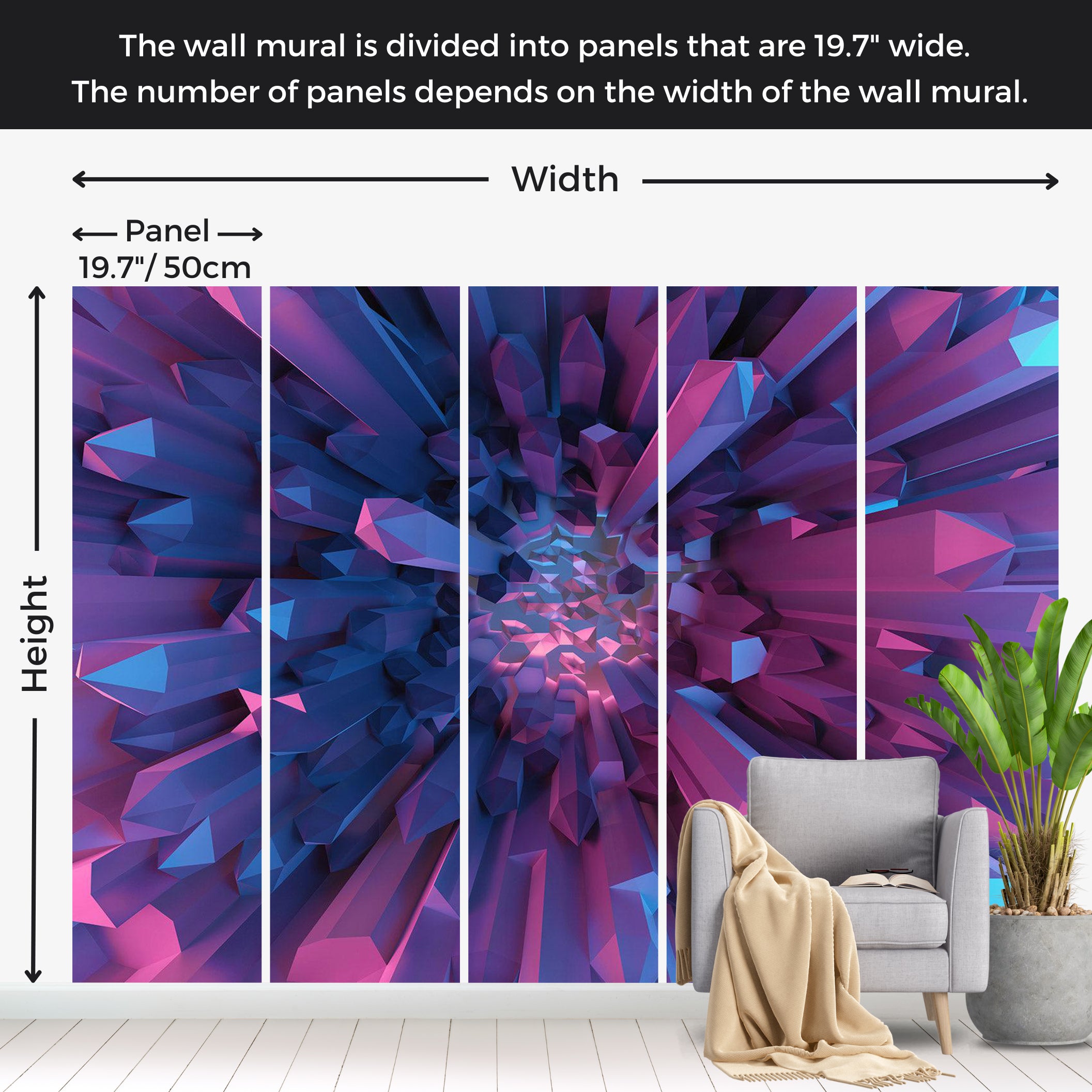 3D Illusion Wallpaper Wall Mural - Crystal Geometric Fantasy 39"Wx27"H / Standard