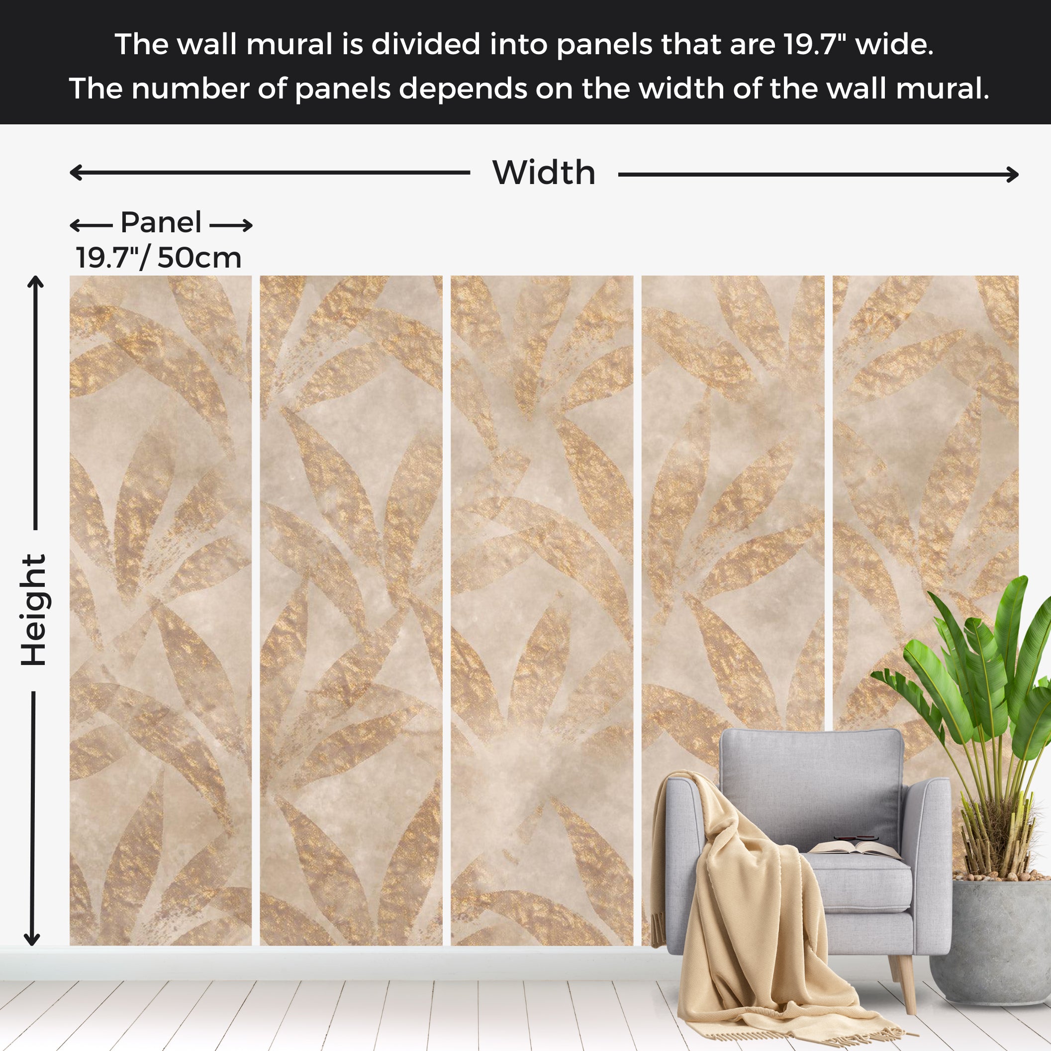 Botanical Wallpaper Wall Mural - Leaves and Gold 39"Wx27"H / Standard