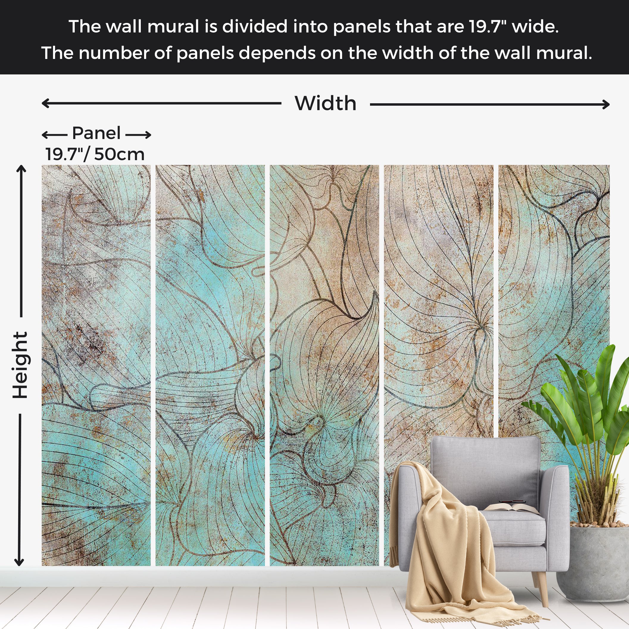 Botanical Wallpaper Wall Mural - Leaves in Blue 39"Wx27"H / Standard