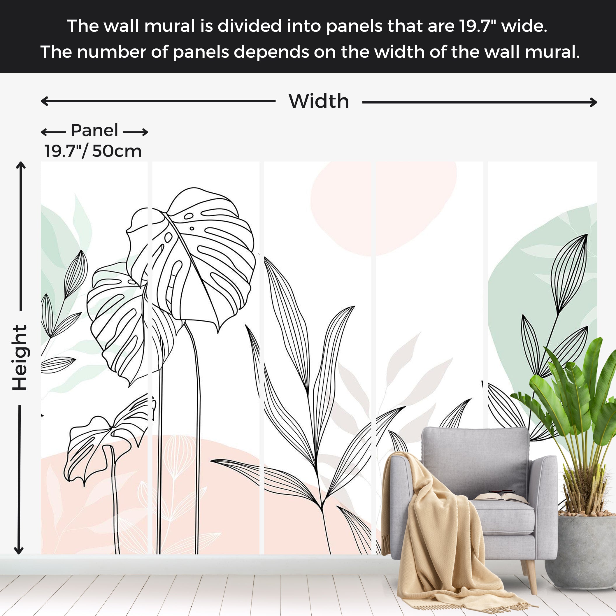 Botanical Wallpaper Wall Mural - Leaves in Pastels 39"Wx27"H / Standard