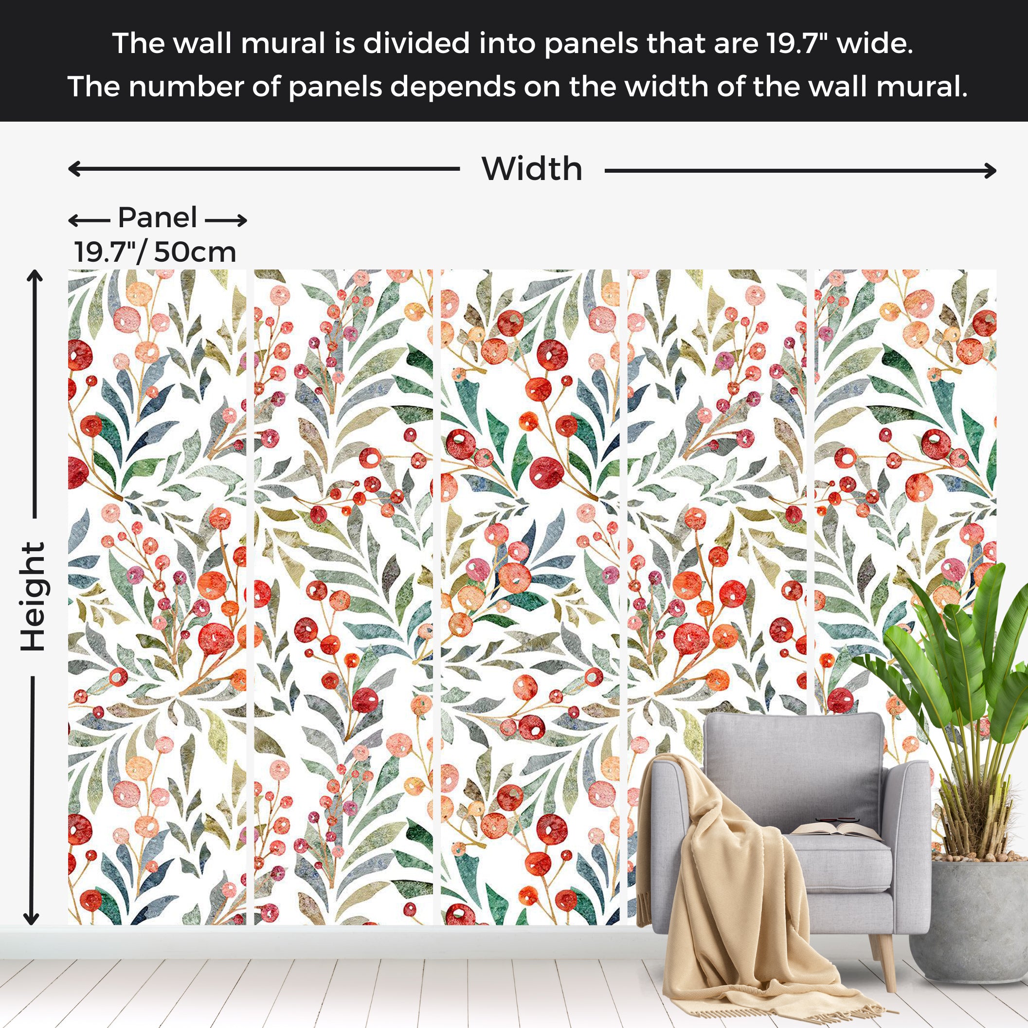 Botanical Wallpaper Wall Mural - Leaves of Red Berries 39"Wx27"H / Standard