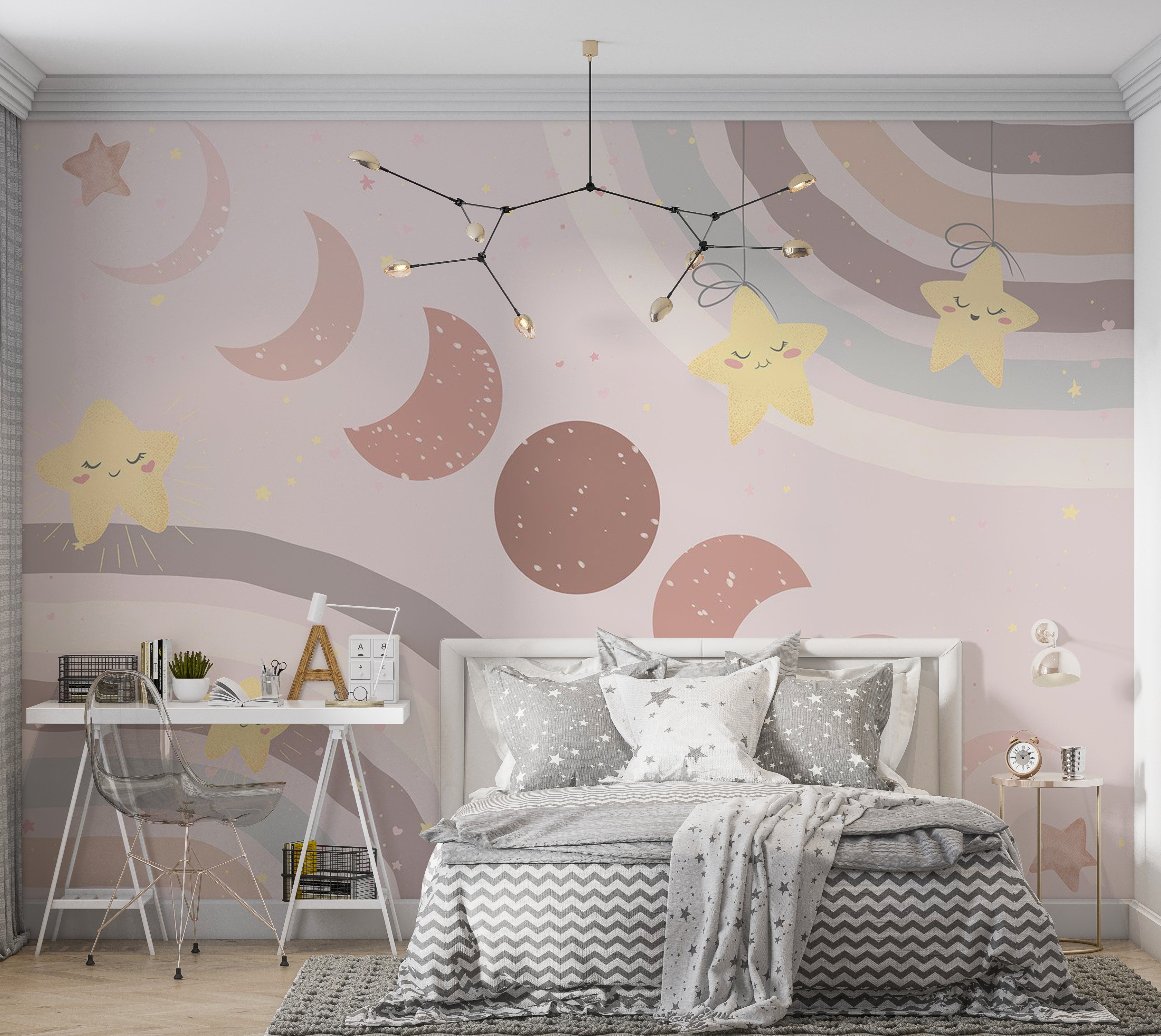 Kids Wallpaper Wall Mural - Moon Among Stars and Rainbows 39"Wx27"H / Standard