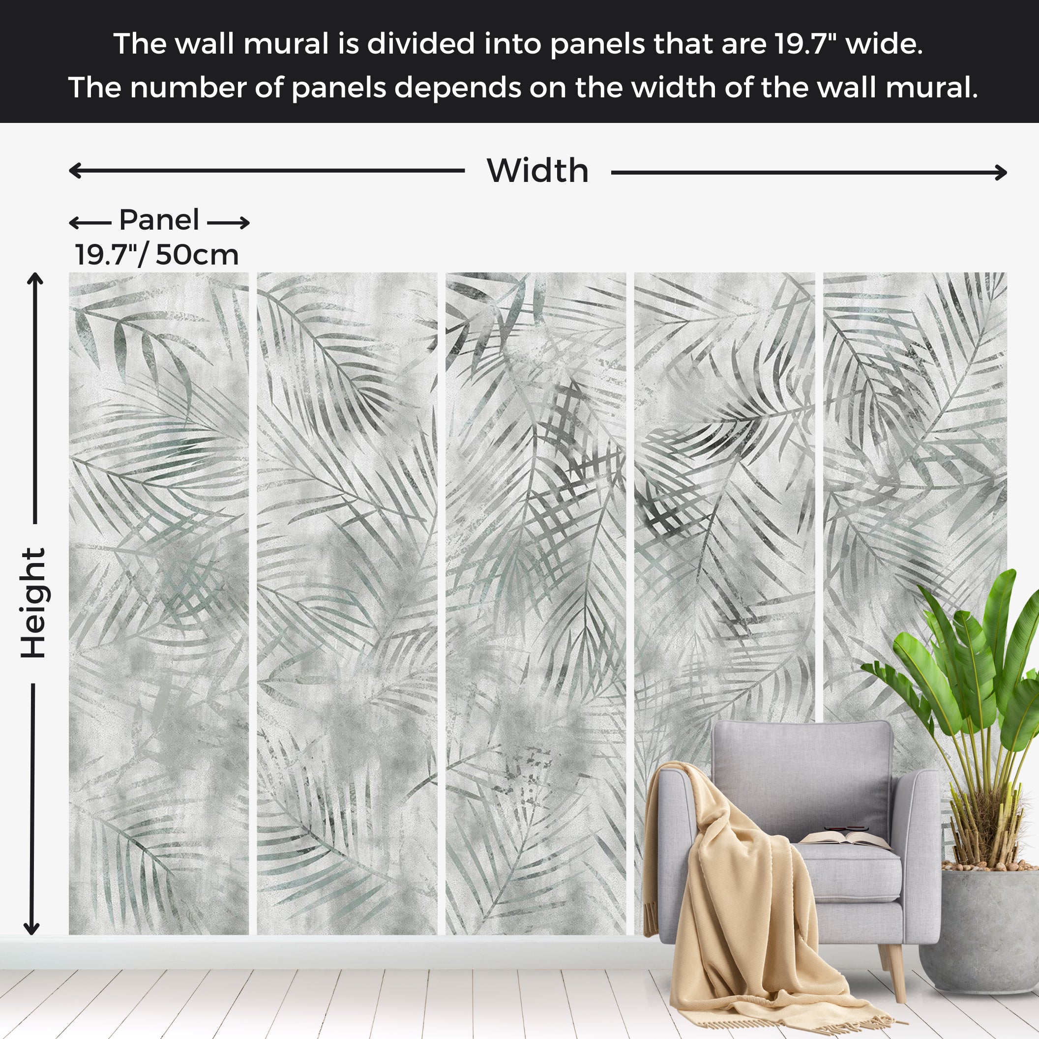 Botanical Wallpaper Wall Mural - Minimalist Grey Exotic Leaves 39"Wx27"H / Standard