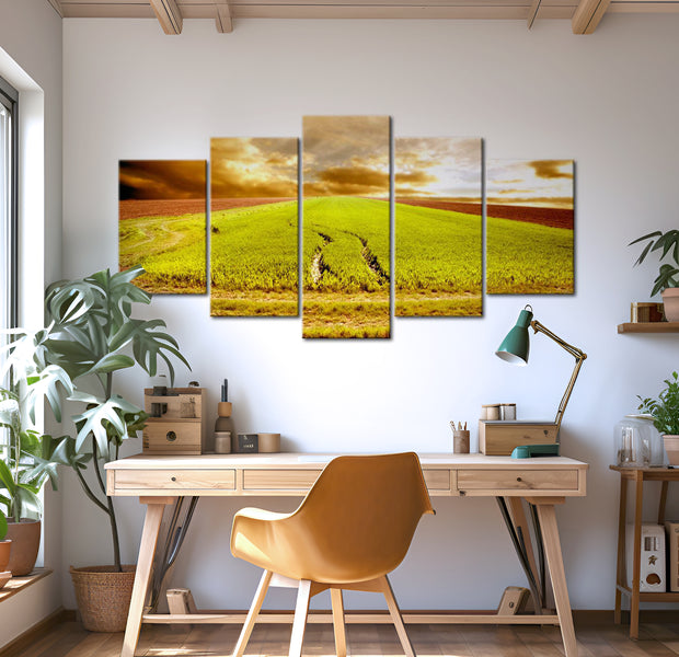 Stretched Canvas Landscape Art - Wheels Traces On A Field 40"Wx20"H