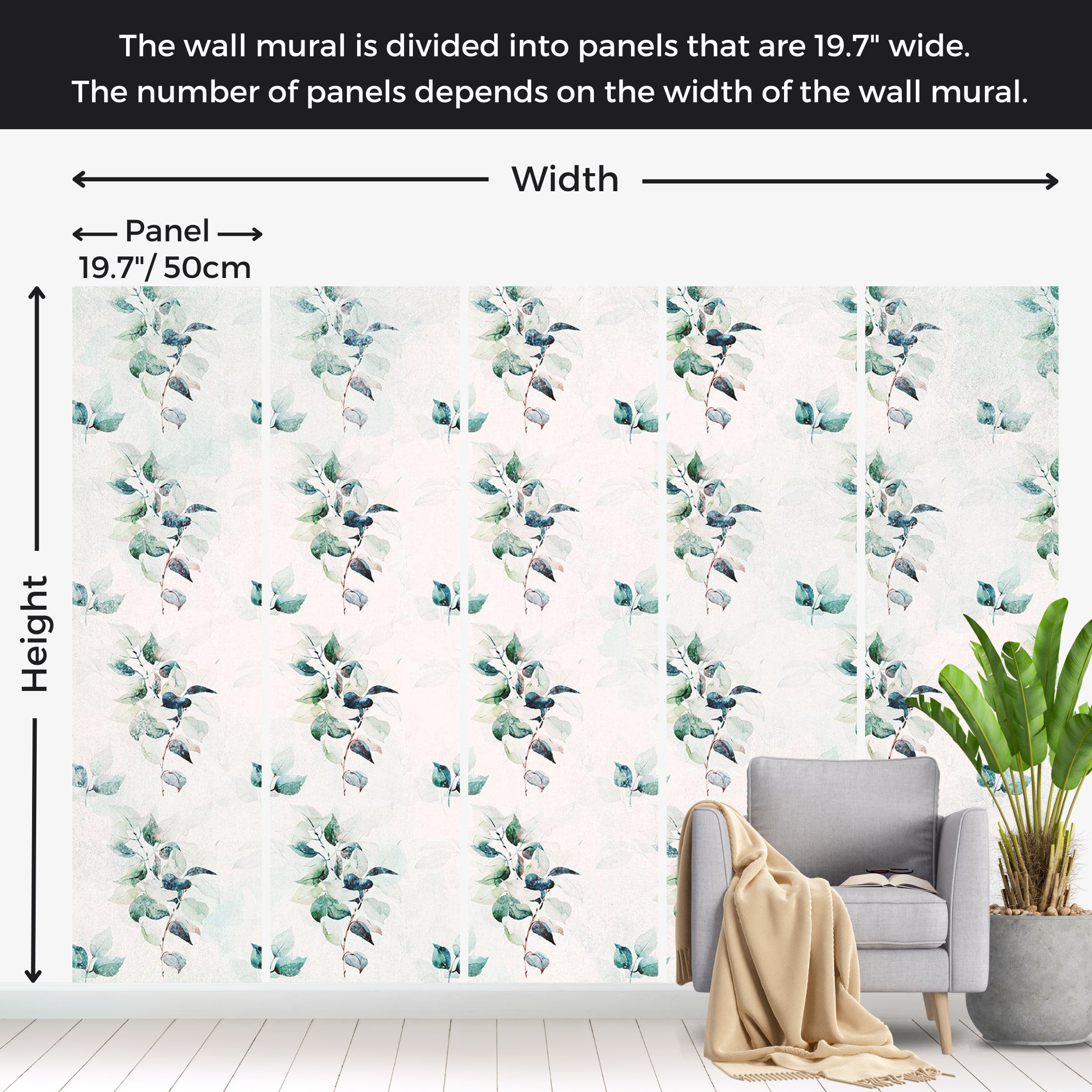 Botanical Wallpaper Wall Mural - Mint Green Nature 39"Wx27"H / Standard