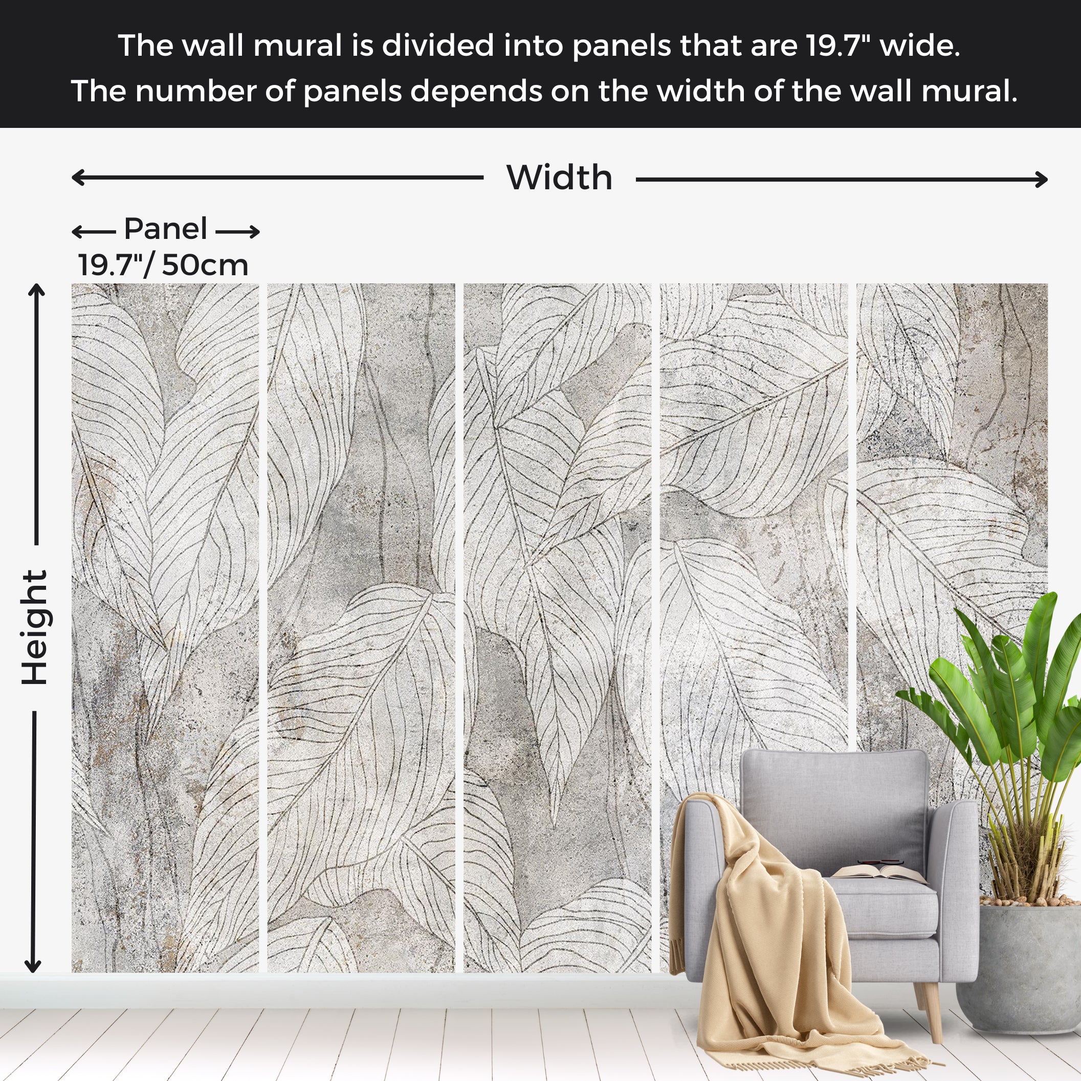 Botanical Wallpaper Wall Mural - Modern Leaf Line Art 39"Wx27"H / Standard