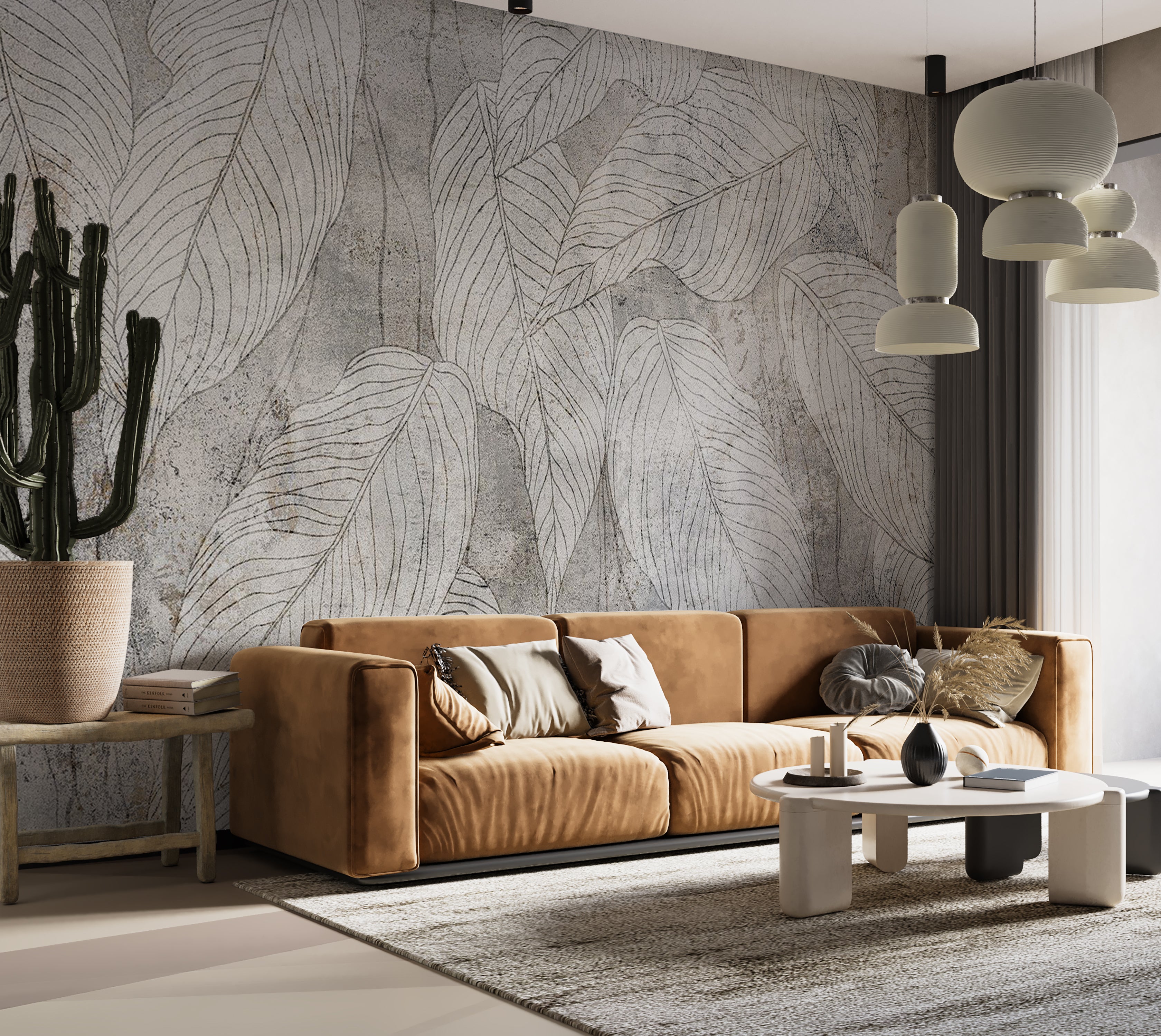 Peel & Stick Botanical Wall Mural - Modern Leaf Line Art 38"Wx27"H