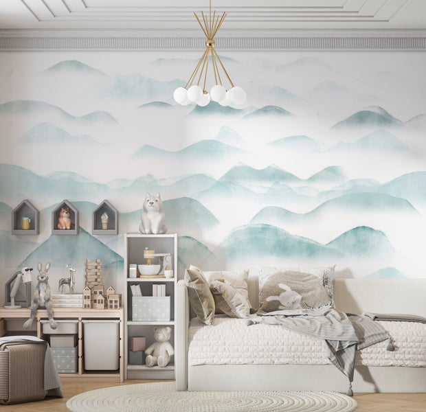 Abstract Wallpaper Wall Mural - Mountains in The Fog 39"Wx27"H / Standard