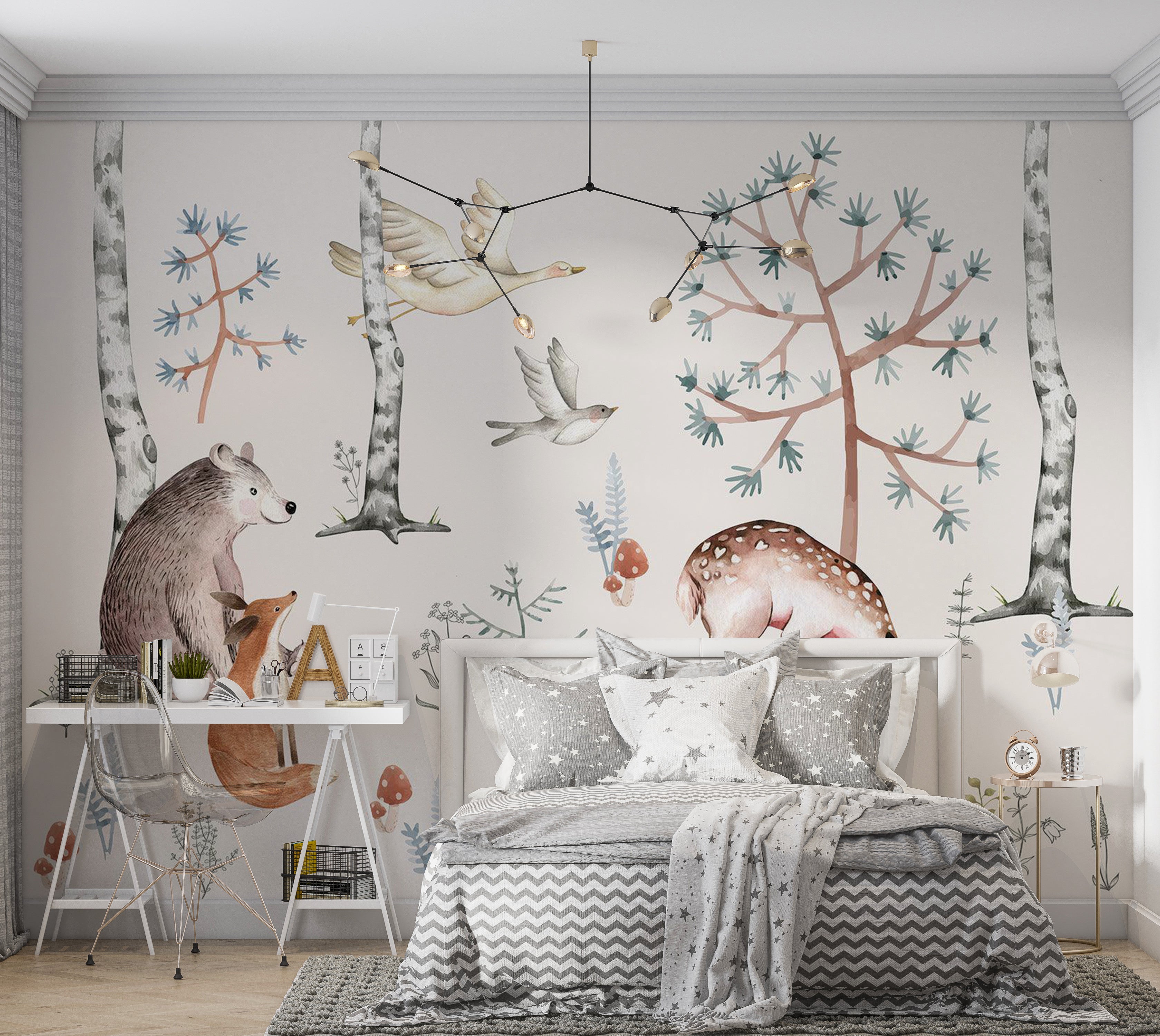 Kids Wallpaper Wall Mural - Watercolor Forest With Animals 39"Wx27"H / Standard