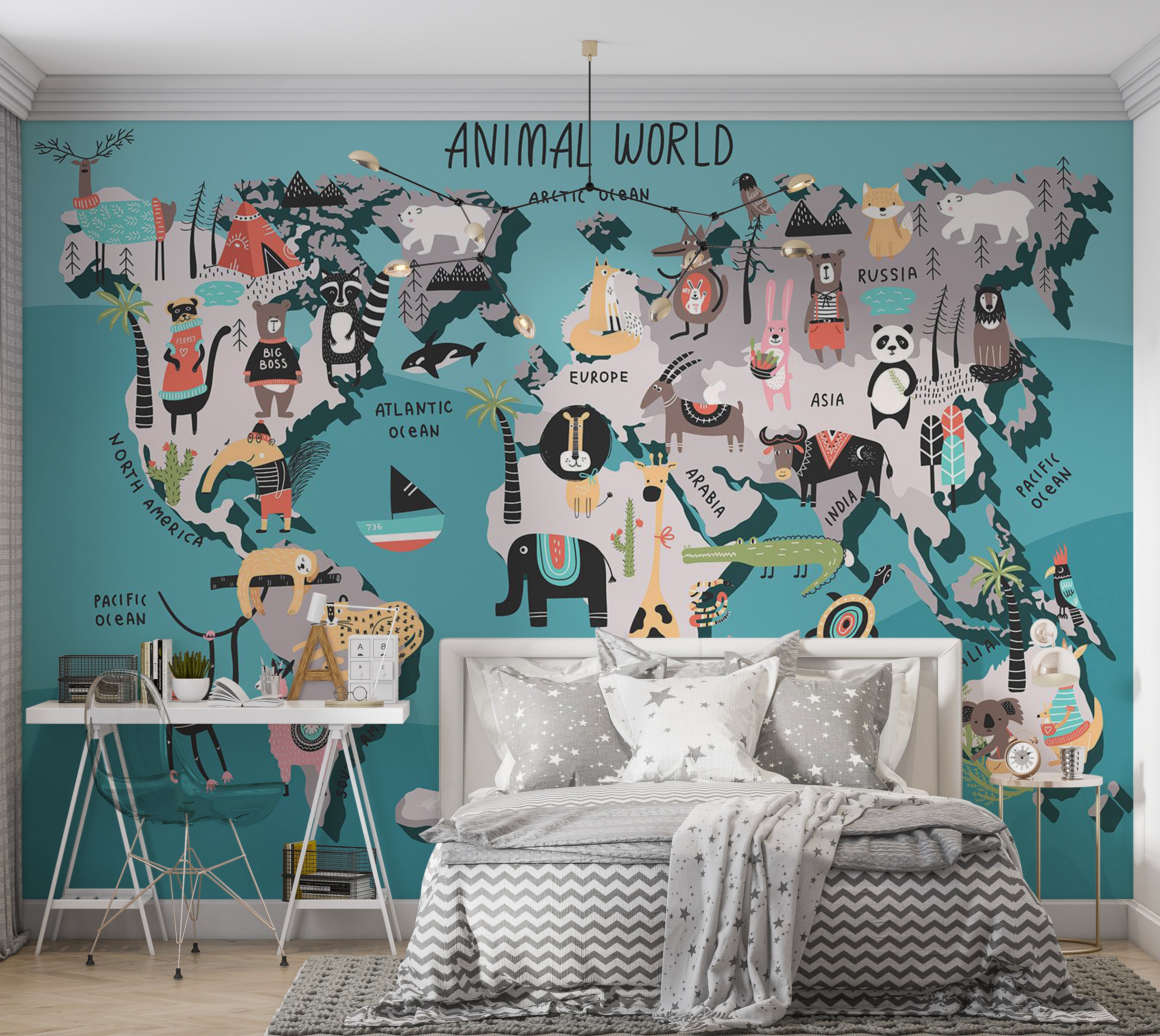 Kids Wallpaper Wall Mural - World Map With Animals 39"Wx27"H / Standard