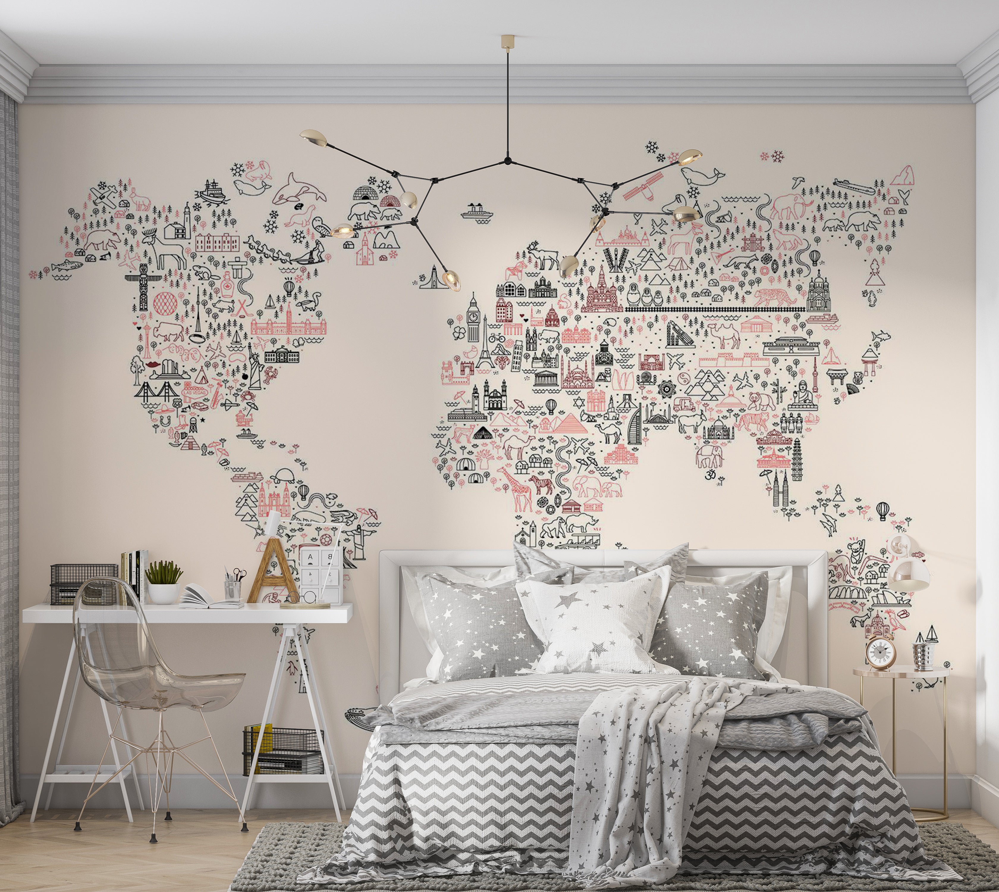 Kids Wallpaper Wall Mural - Worlf Map With Icons 39"Wx27"H / Standard