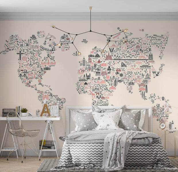 Kids Wallpaper Wall Mural - Worlf Map With Icons 39"Wx27"H / Standard