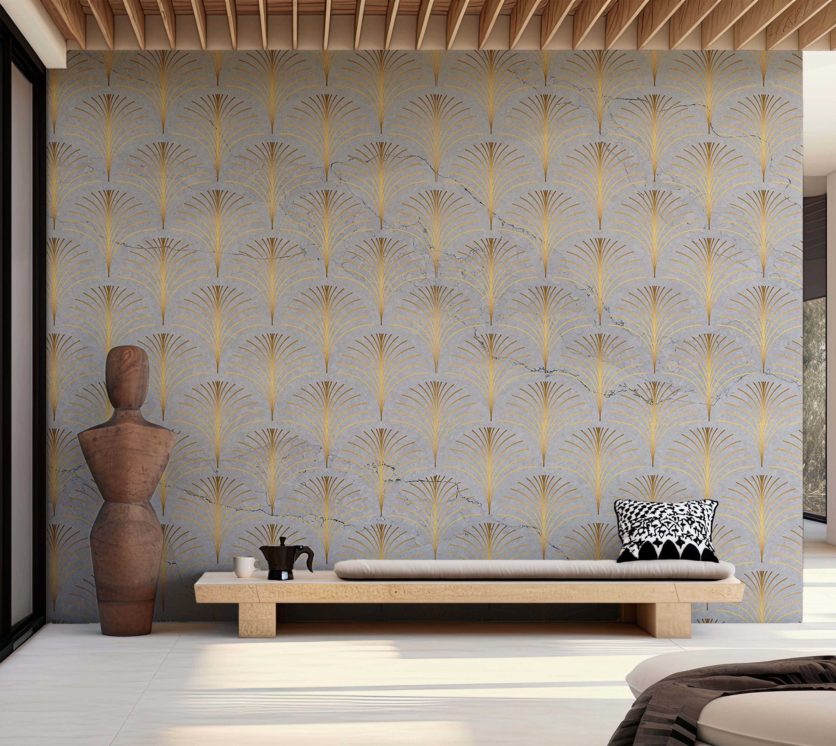 Abstract Wallpaper Wall Mural - Linear Pattern With Gold 39"Wx27"H / Standard