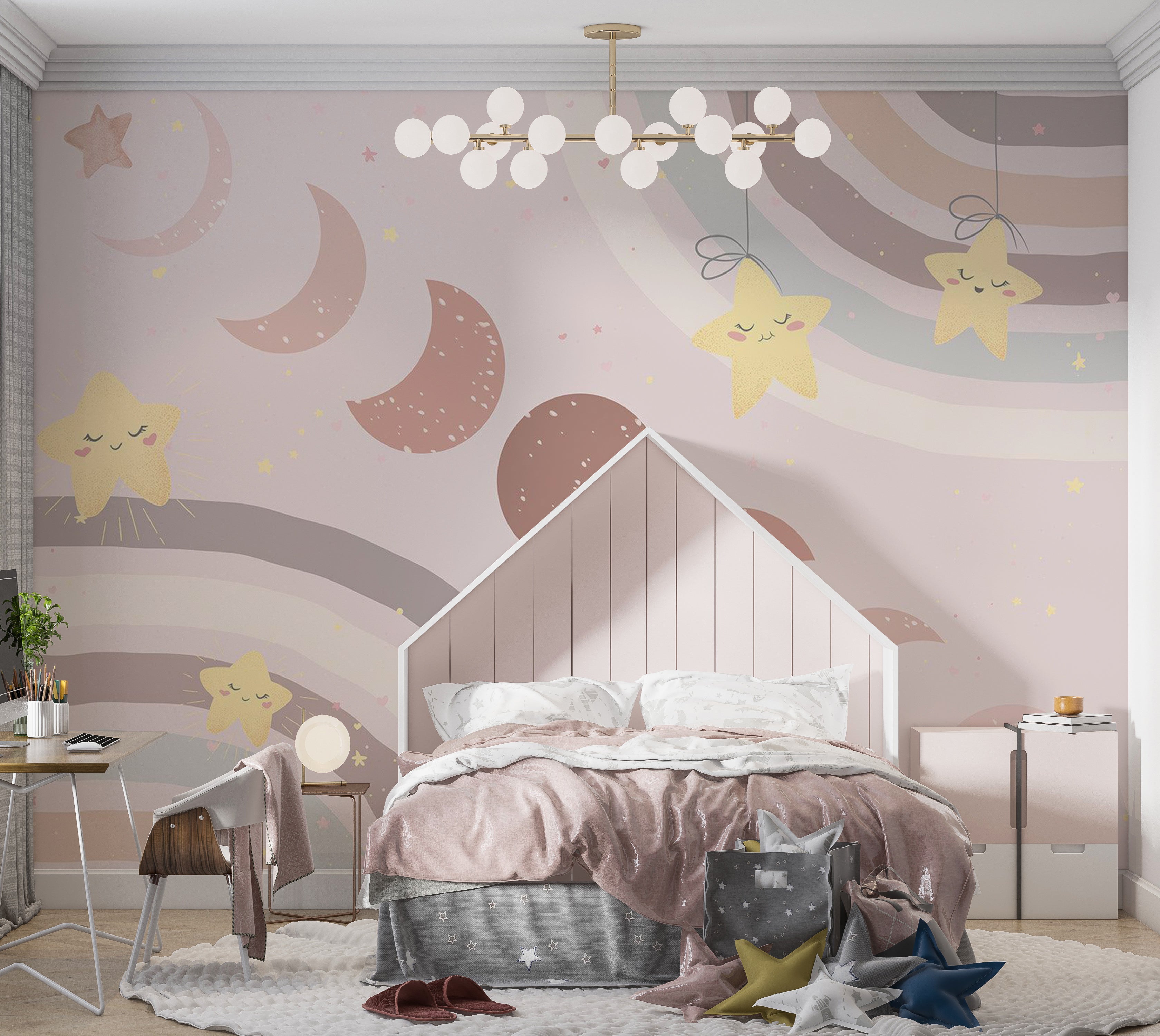Peel & Stick Kids Wall Mural - Moon Among Stars and Rainbows 38"Wx27"H