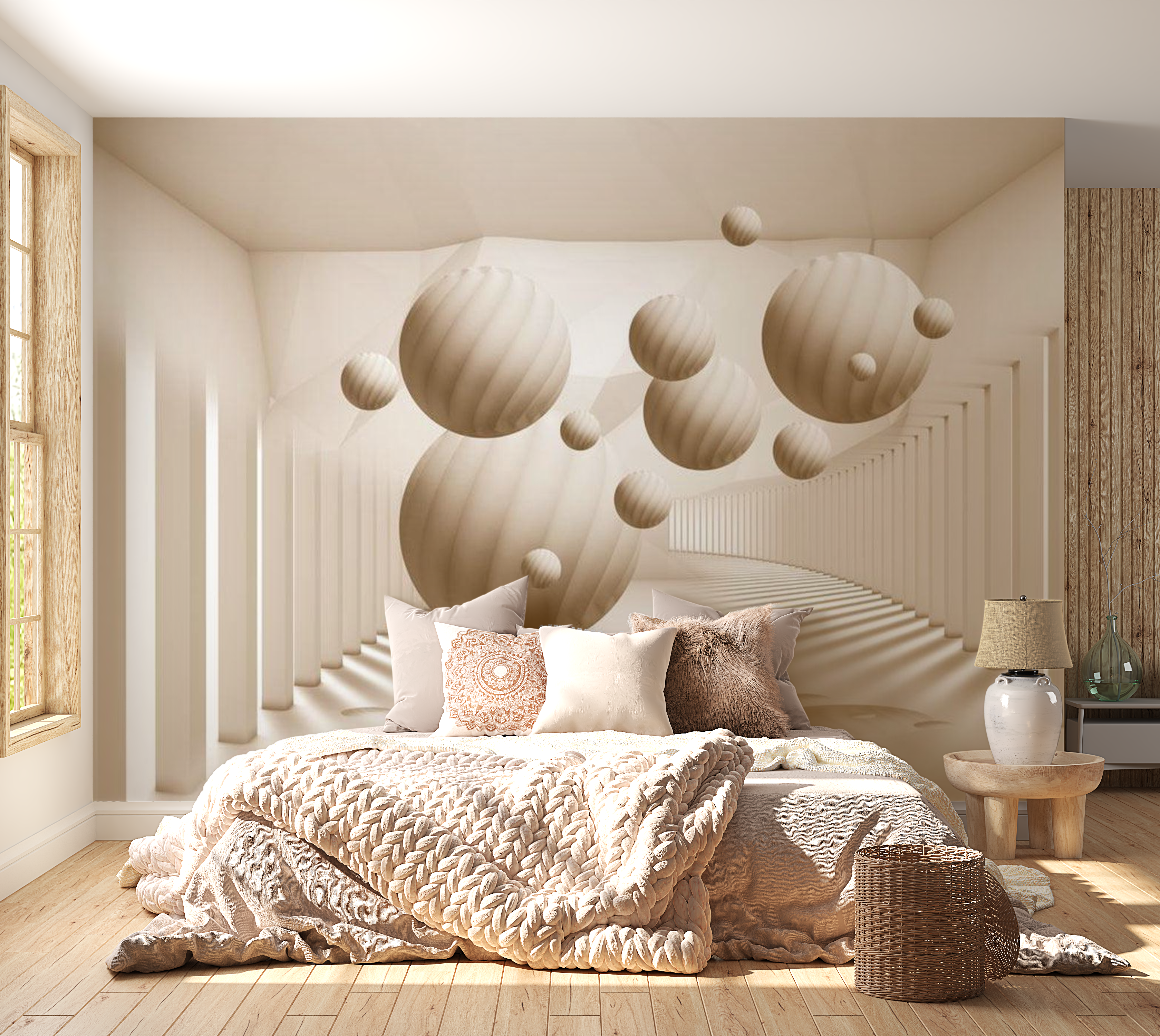 3D Illusion Wallpaper Wall Mural - Beige Floating Balls