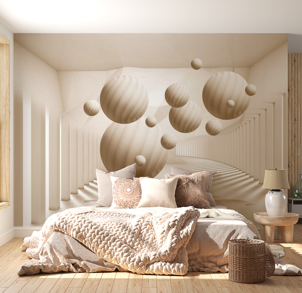 3D Illusion Wallpaper Wall Mural - Beige Floating Balls