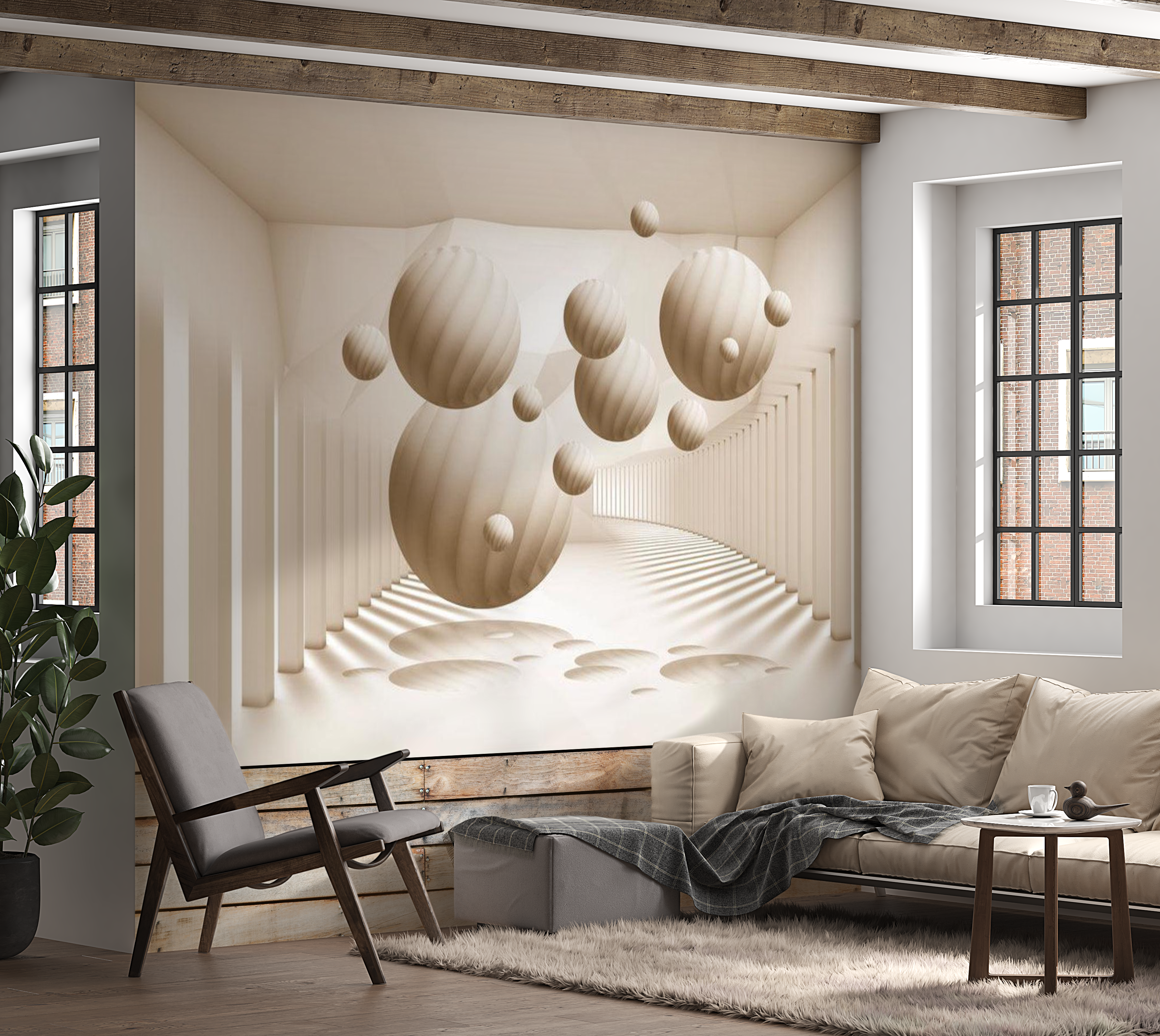 3D Illusion Wallpaper Wall Mural - Beige Balls 39"Wx27"H