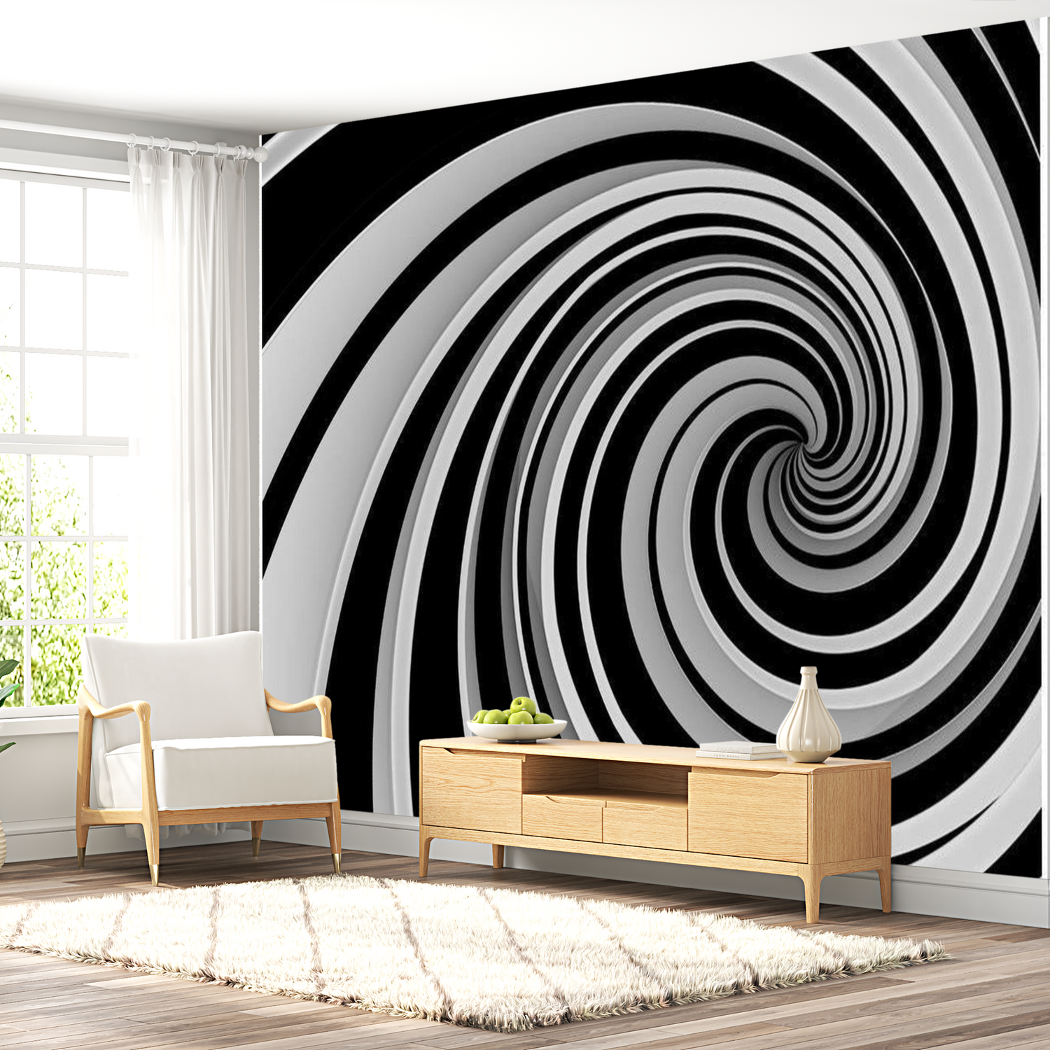 3D Illusion Wallpaper Wall Mural - Black & White Swirl 118"Wx90"H
