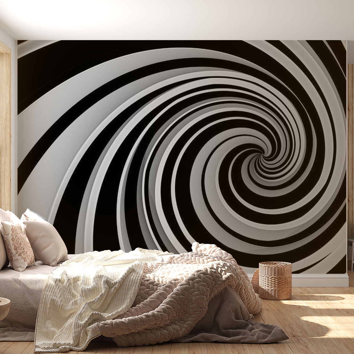 3D Illusion Wallpaper Wall Mural - Black & White Swirl 118"Wx90"H