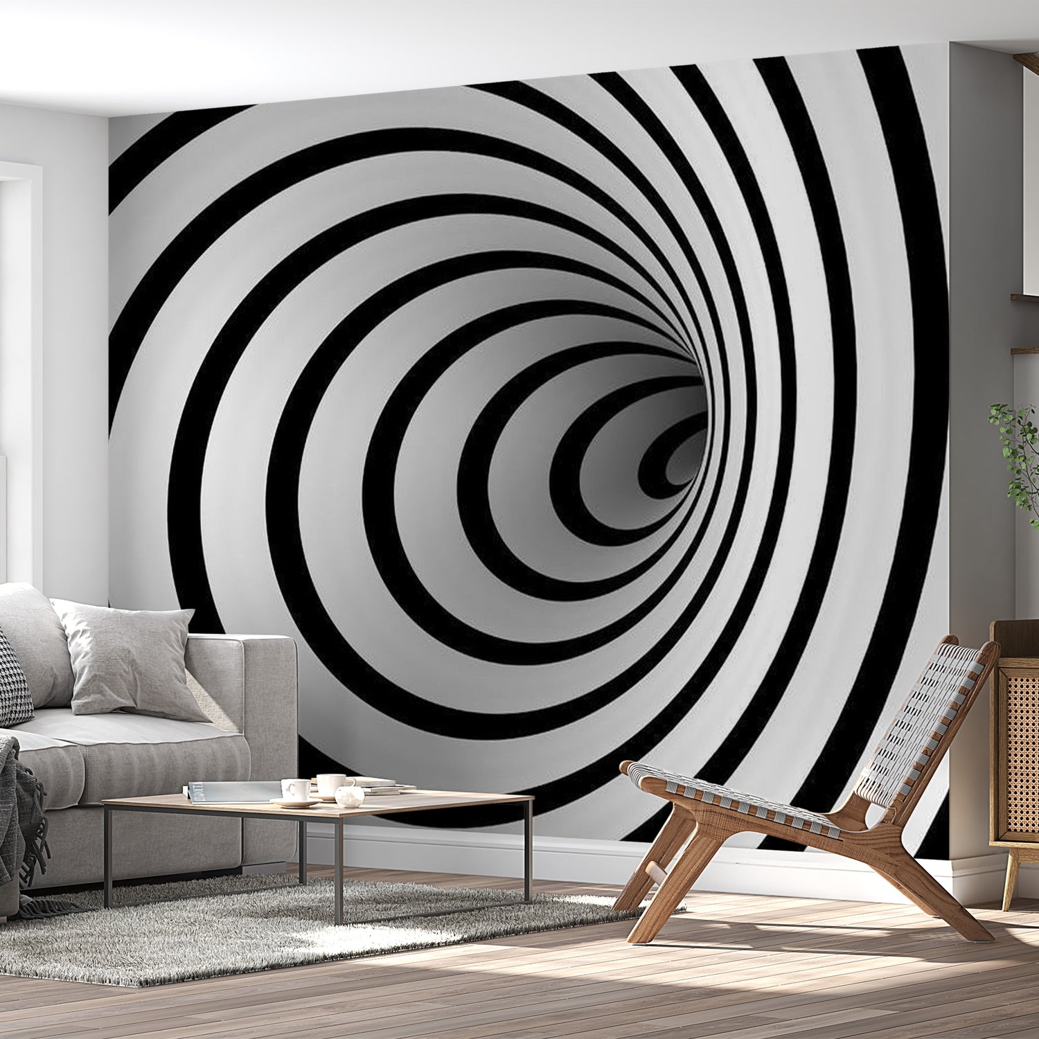 3D Illusion Wallpaper Wall Mural - Black & White Tunnel