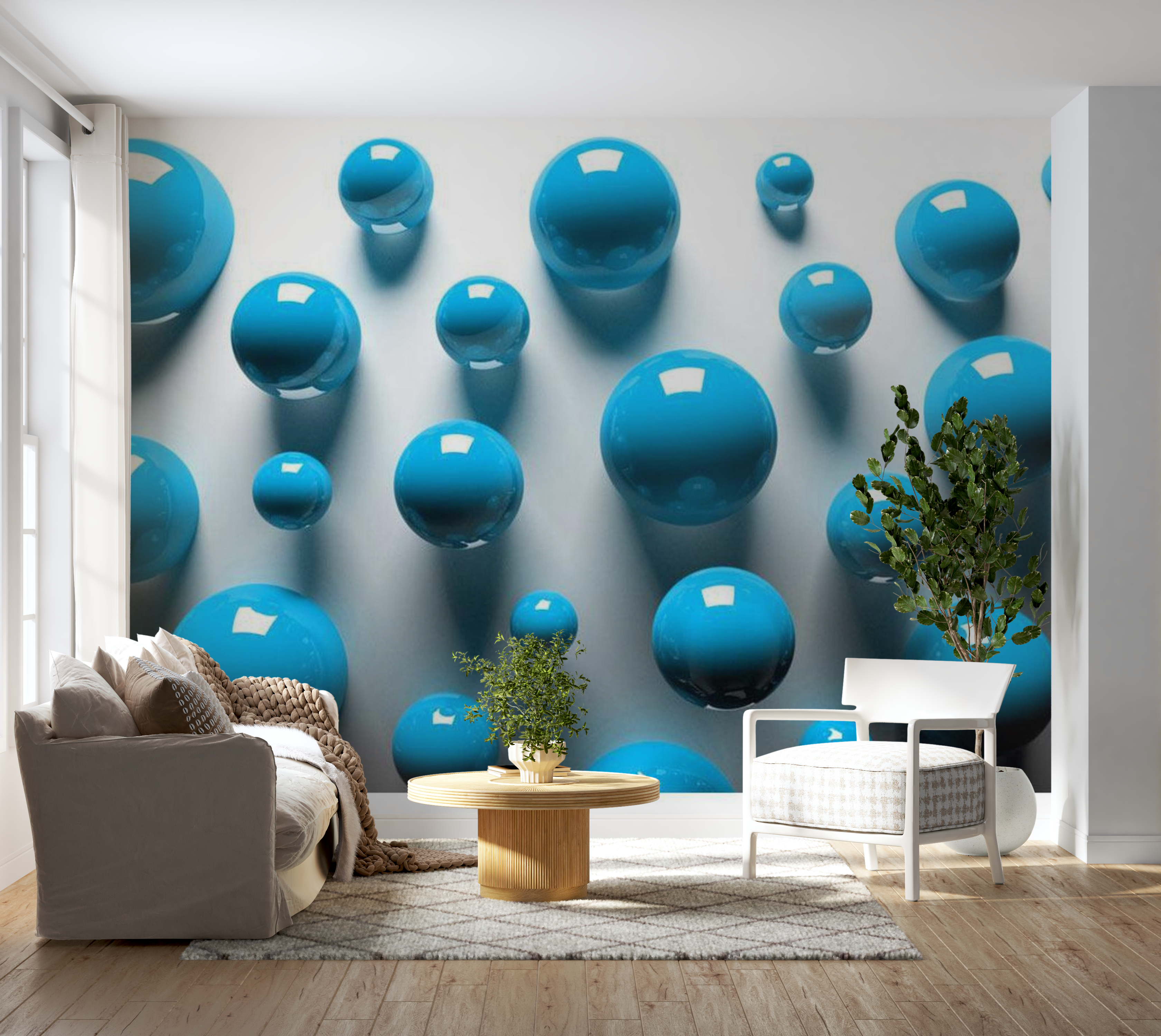 3D Illusion Wallpaper Wall Mural - Blue Balls 39"Wx27"H