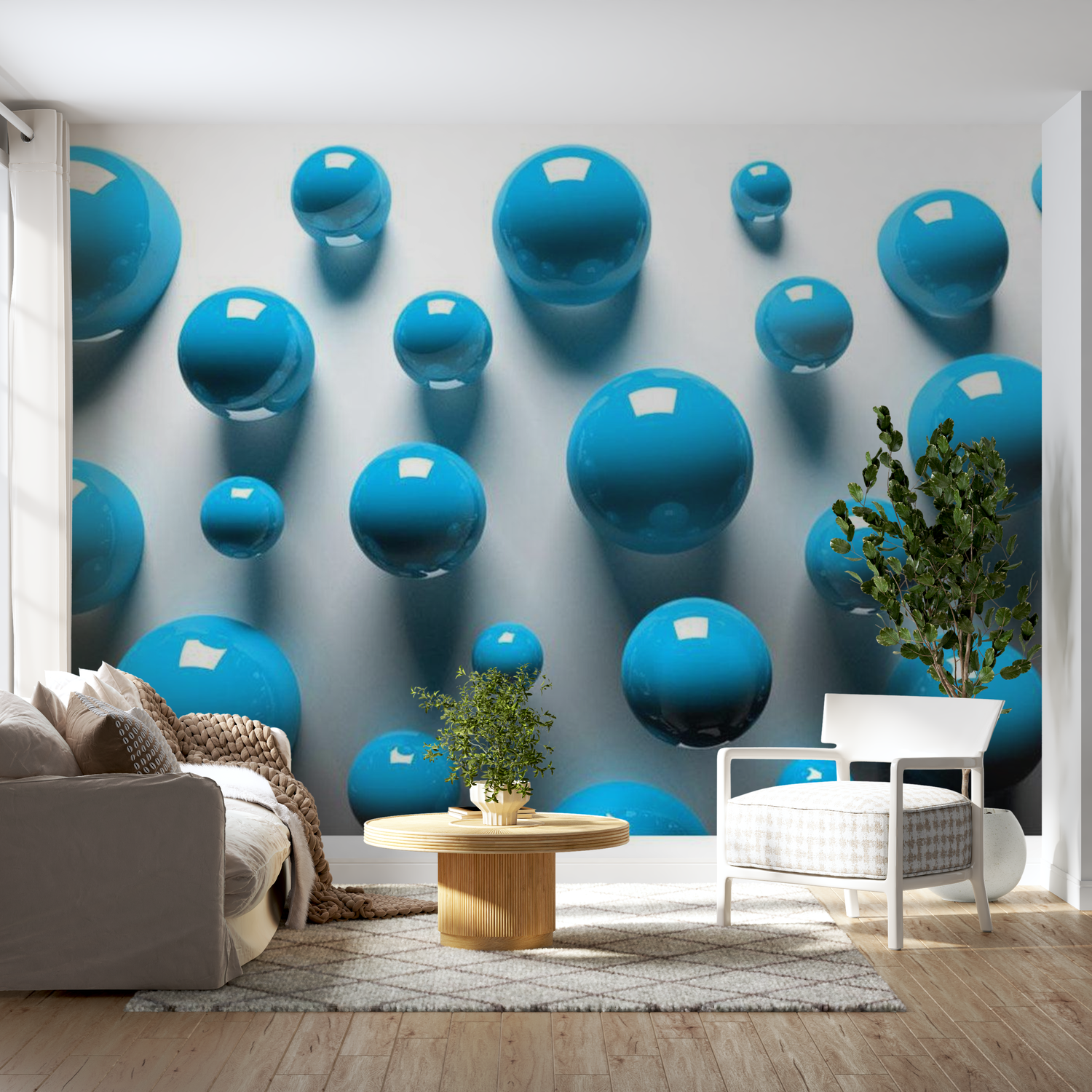 3D Illusion Wallpaper Wall Mural - Blue Balls 39"Wx27"H