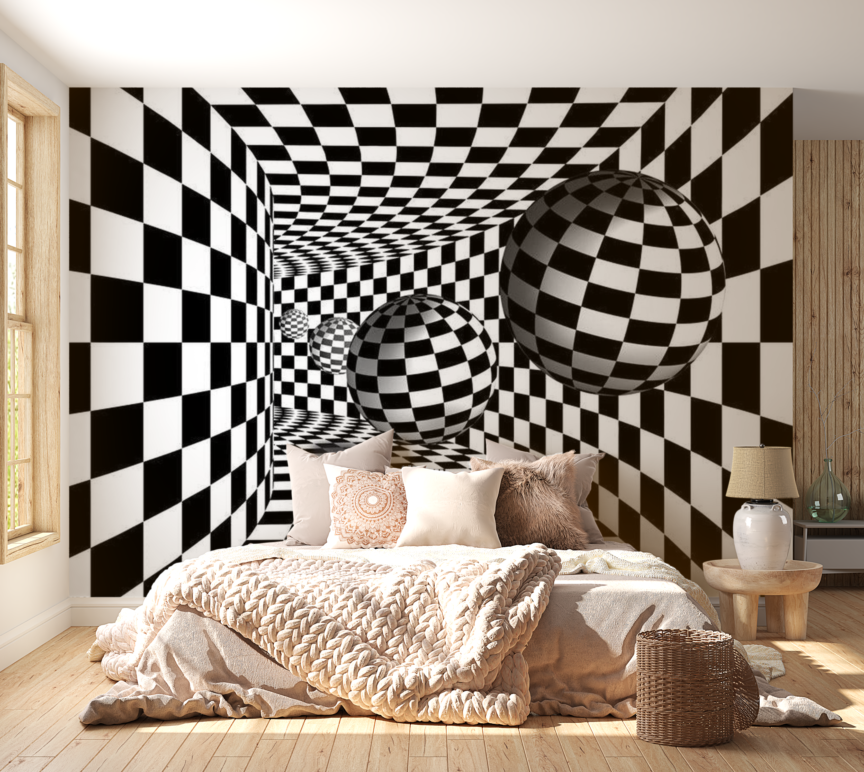 3D Illusion Wallpaper Wall Mural - Checkered Corridor