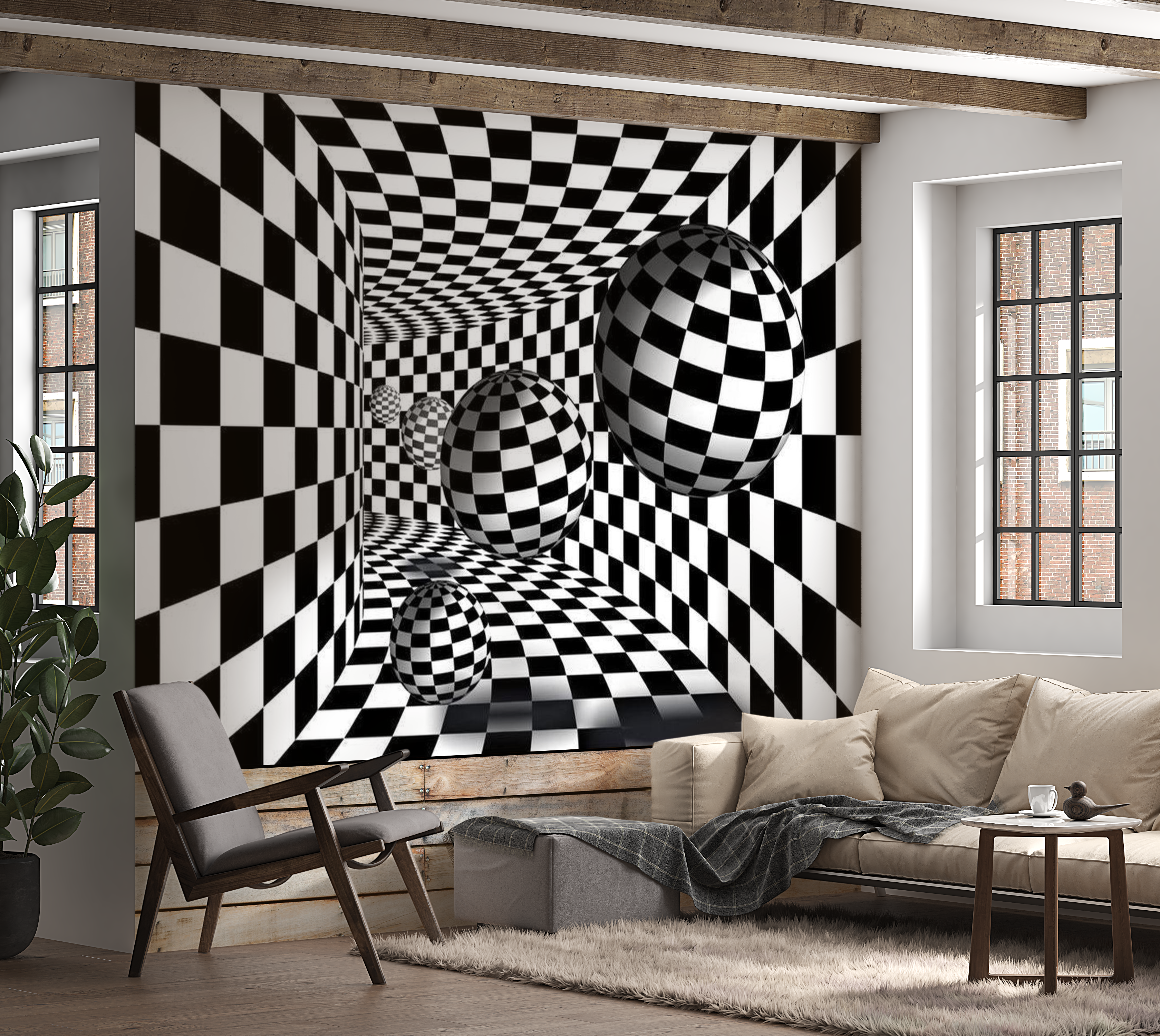 3D Illusion Wallpaper Wall Mural - Black & White Corridor 39"Wx27"H