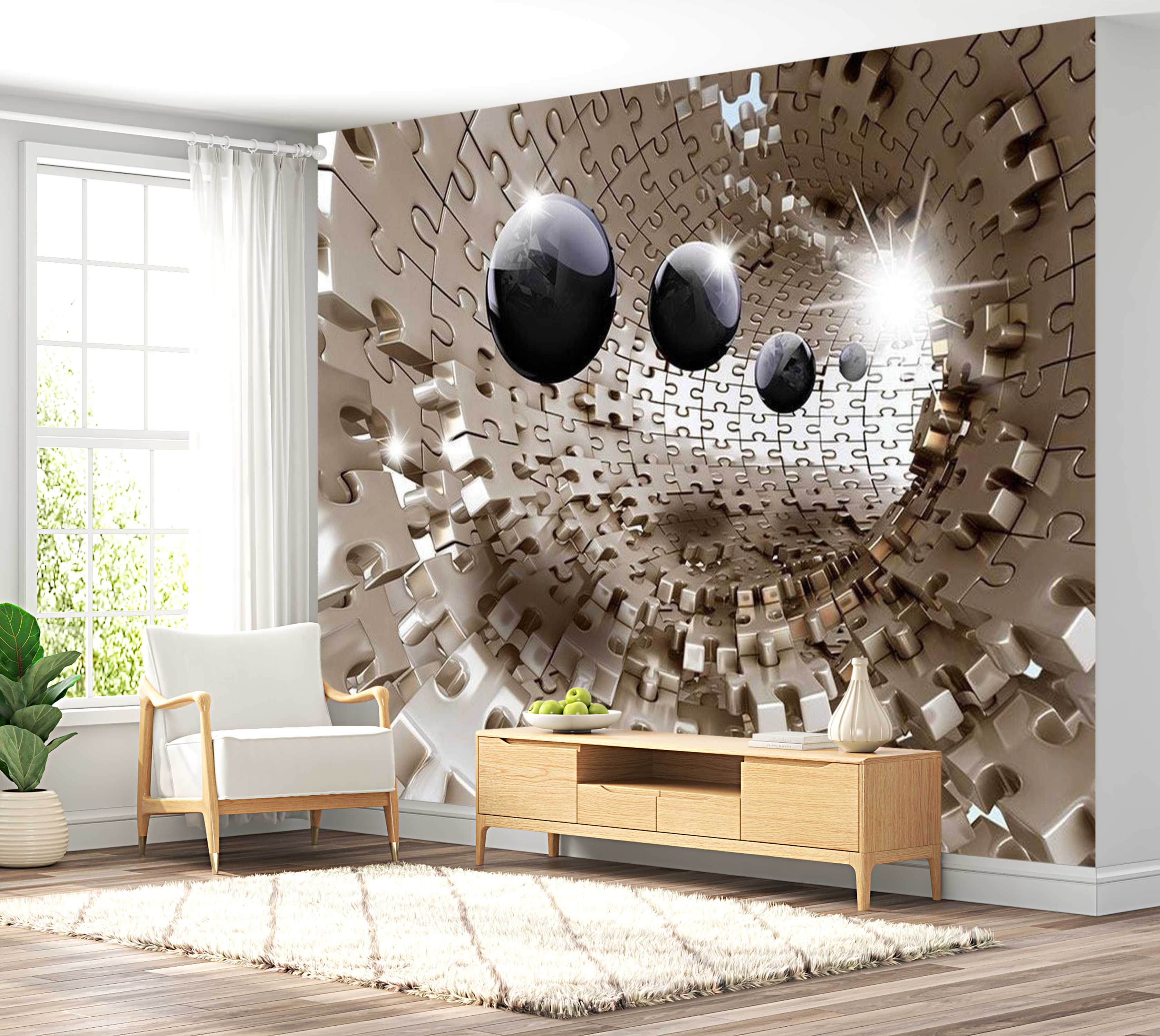 3D Illusion Wallpaper Wall Mural - Golden Jigsaw