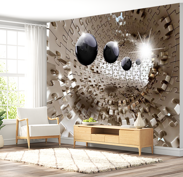 3D Illusion Wallpaper Wall Mural - Golden Jigsaw